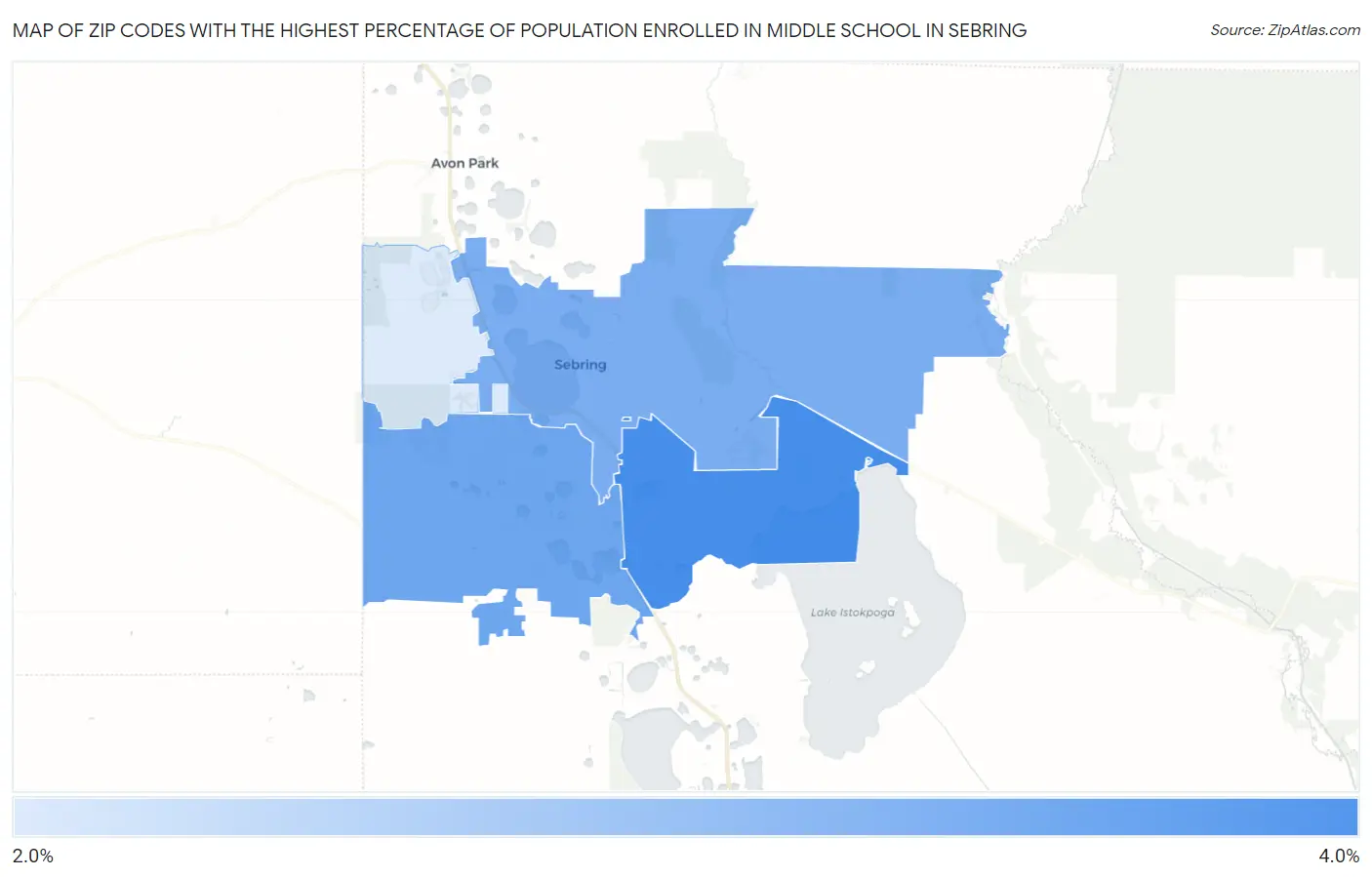 Zip Codes with the Highest Percentage of Population Enrolled in Middle School in Sebring Map