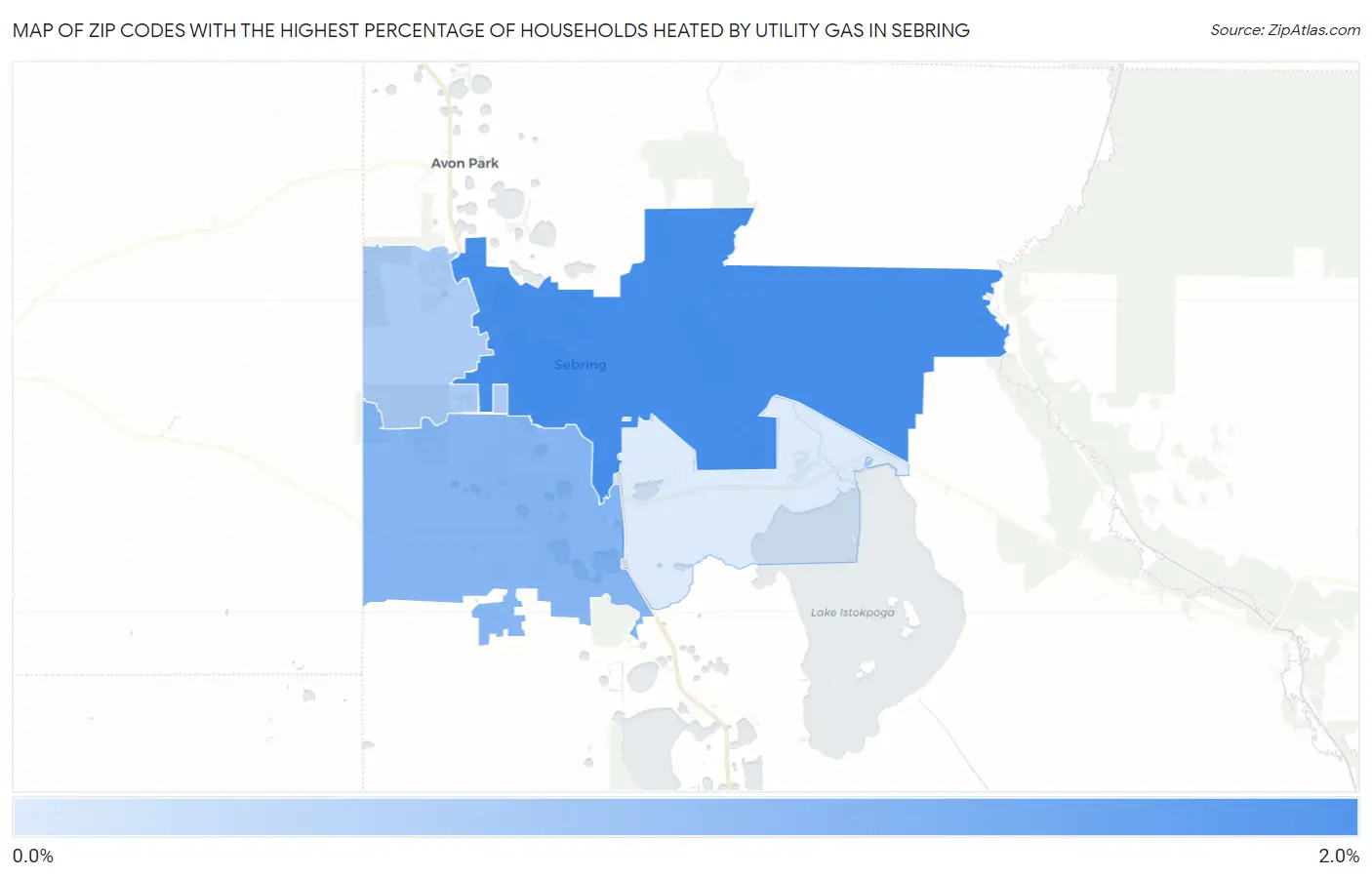 Zip Codes with the Highest Percentage of Households Heated by Utility Gas in Sebring Map