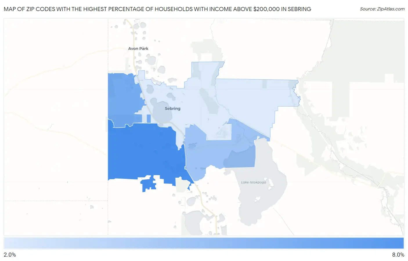 Zip Codes with the Highest Percentage of Households with Income Above $200,000 in Sebring Map