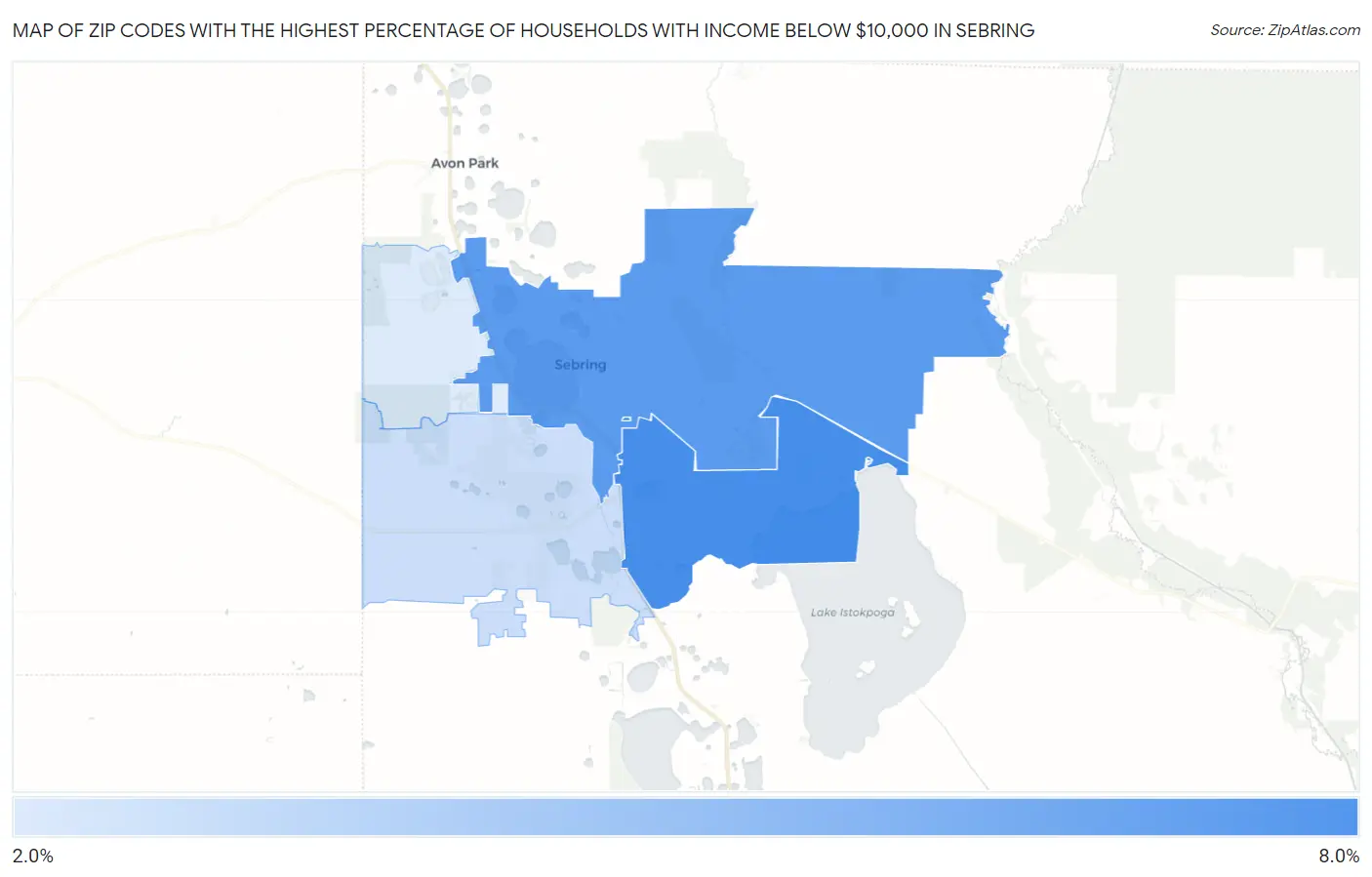Zip Codes with the Highest Percentage of Households with Income Below $10,000 in Sebring Map
