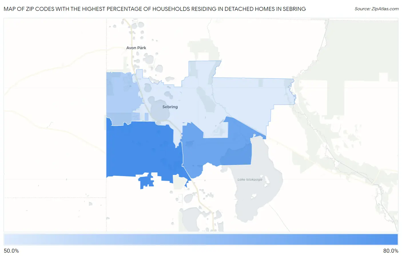 Zip Codes with the Highest Percentage of Households Residing in Detached Homes in Sebring Map
