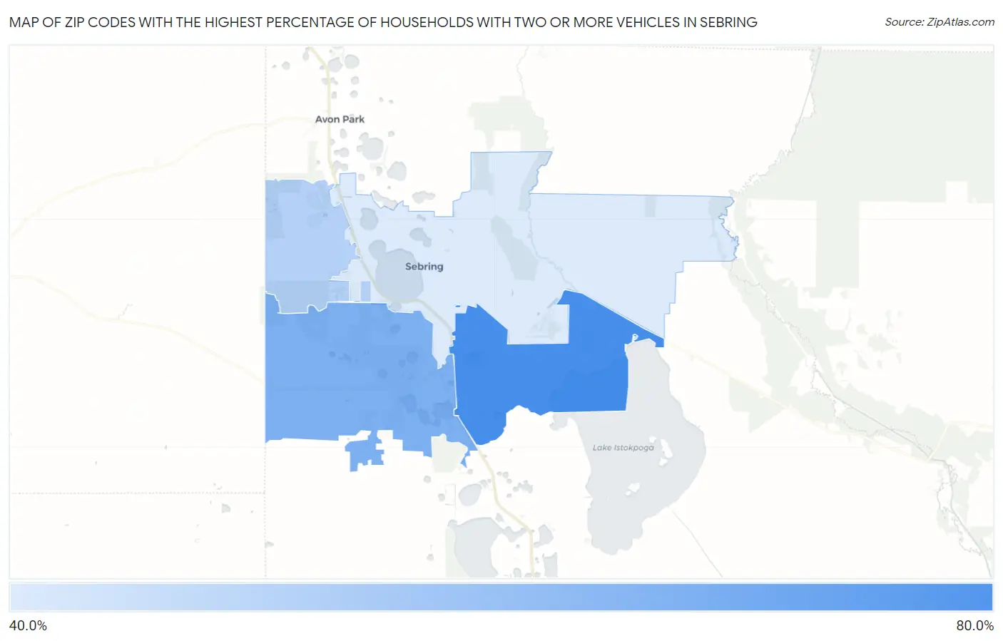 Zip Codes with the Highest Percentage of Households With Two or more Vehicles in Sebring Map