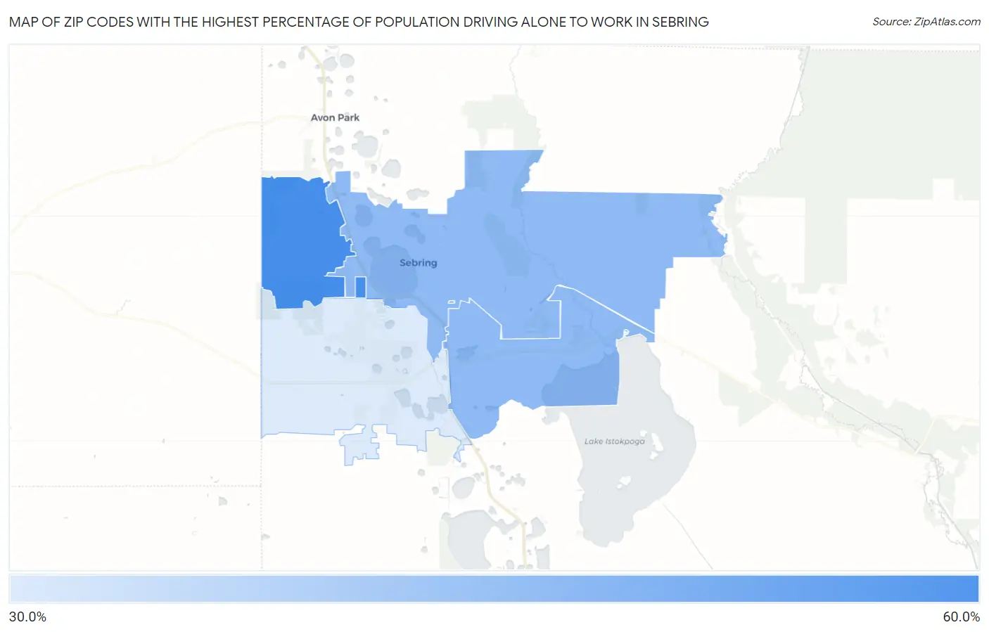 Zip Codes with the Highest Percentage of Population Driving Alone to Work in Sebring Map