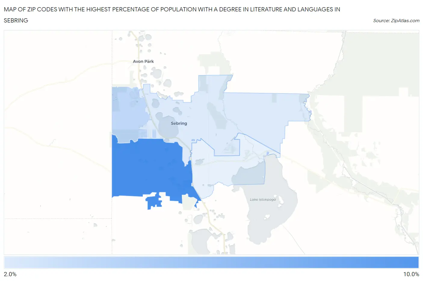 Zip Codes with the Highest Percentage of Population with a Degree in Literature and Languages in Sebring Map