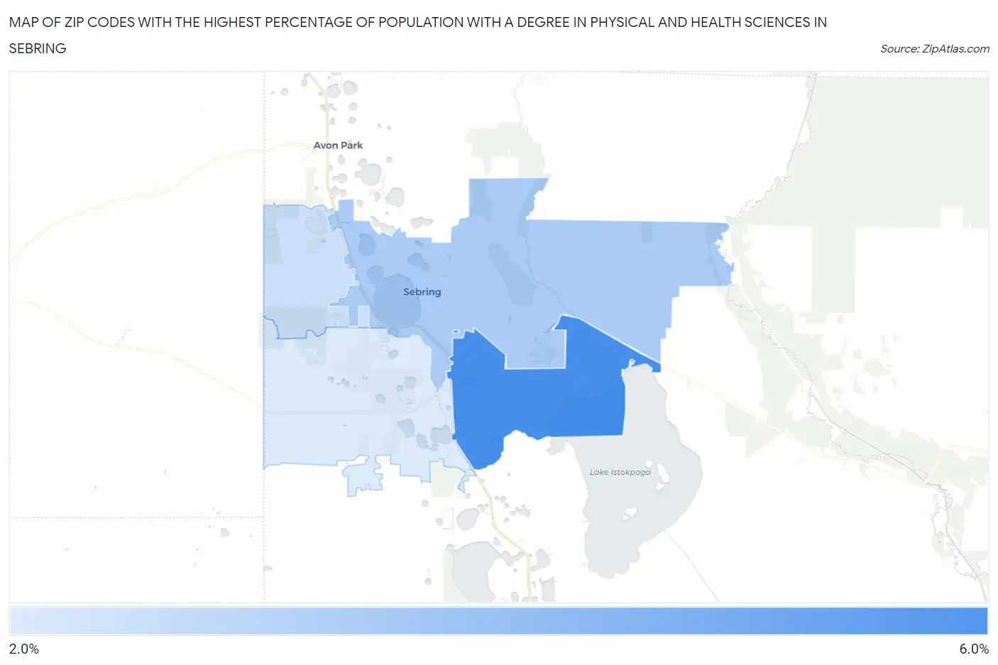 Zip Codes with the Highest Percentage of Population with a Degree in Physical and Health Sciences in Sebring Map
