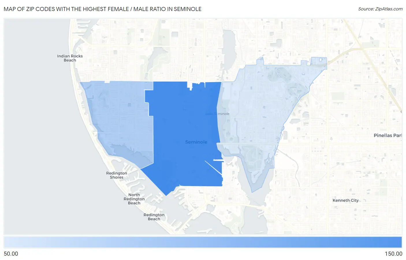 Zip Codes with the Highest Female / Male Ratio in Seminole Map