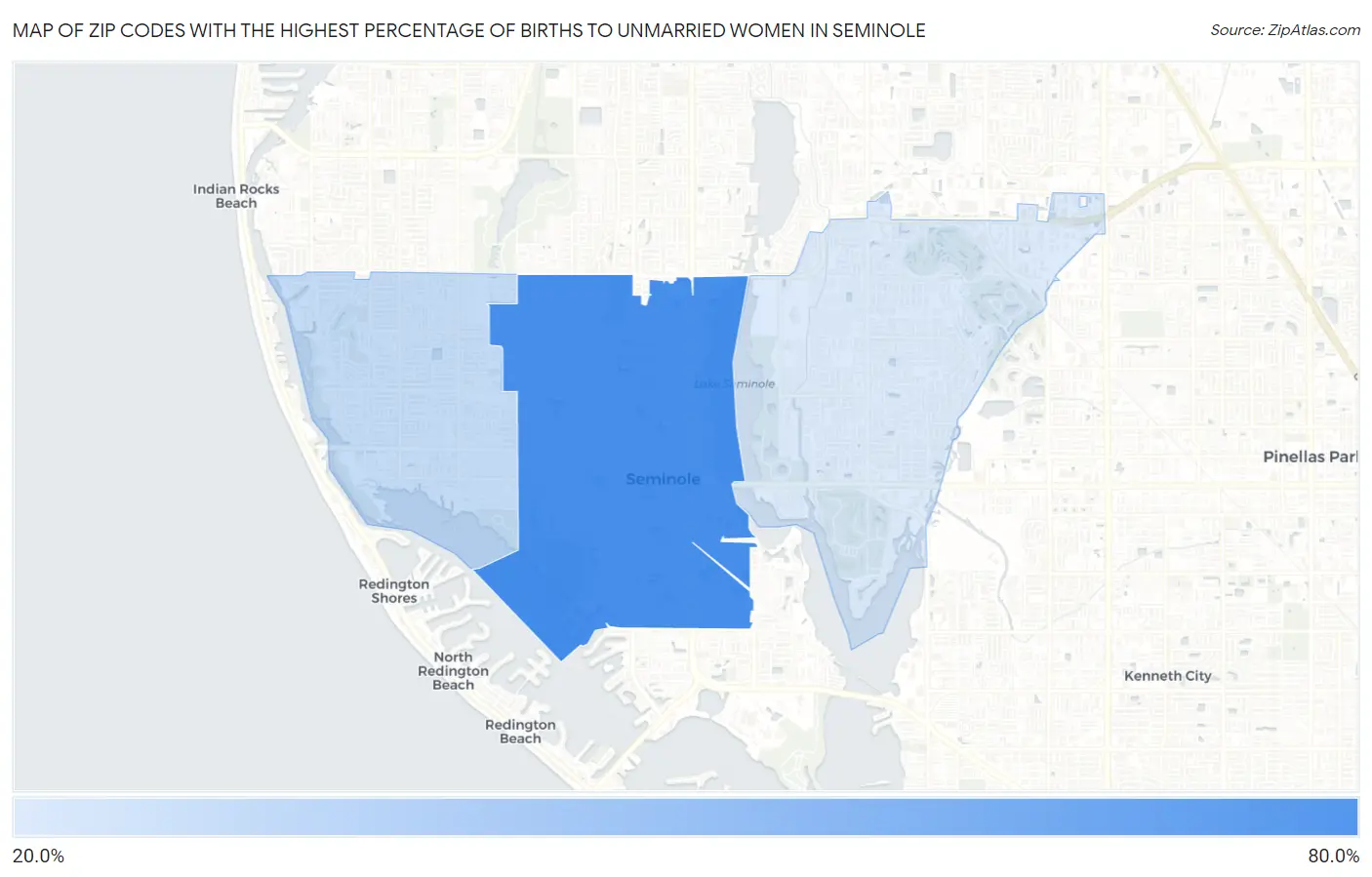 Zip Codes with the Highest Percentage of Births to Unmarried Women in Seminole Map