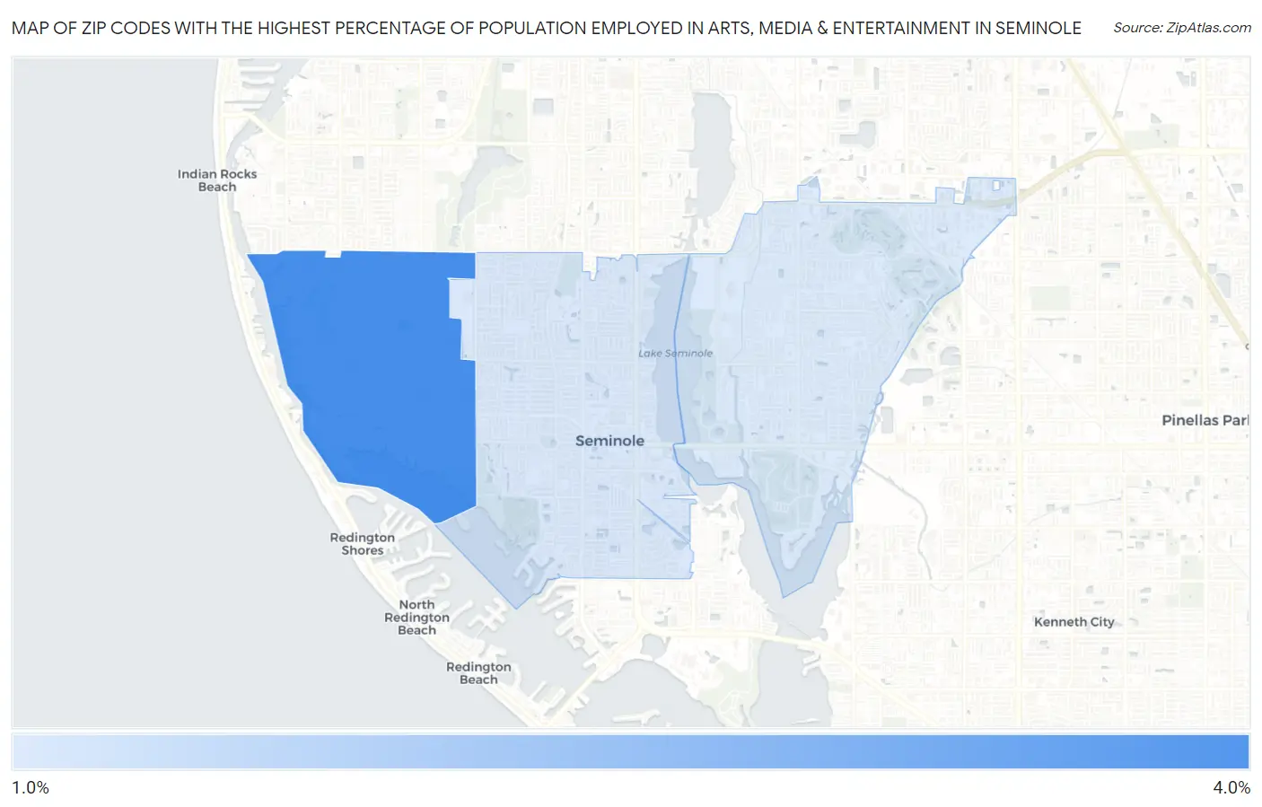 Zip Codes with the Highest Percentage of Population Employed in Arts, Media & Entertainment in Seminole Map