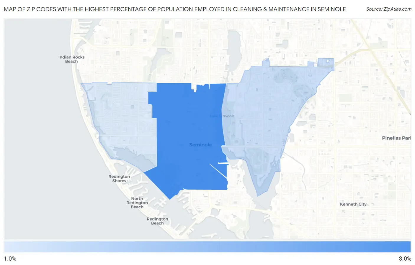 Zip Codes with the Highest Percentage of Population Employed in Cleaning & Maintenance in Seminole Map