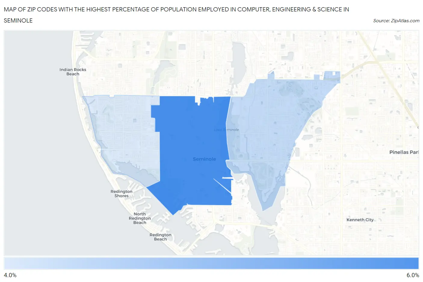 Zip Codes with the Highest Percentage of Population Employed in Computer, Engineering & Science in Seminole Map