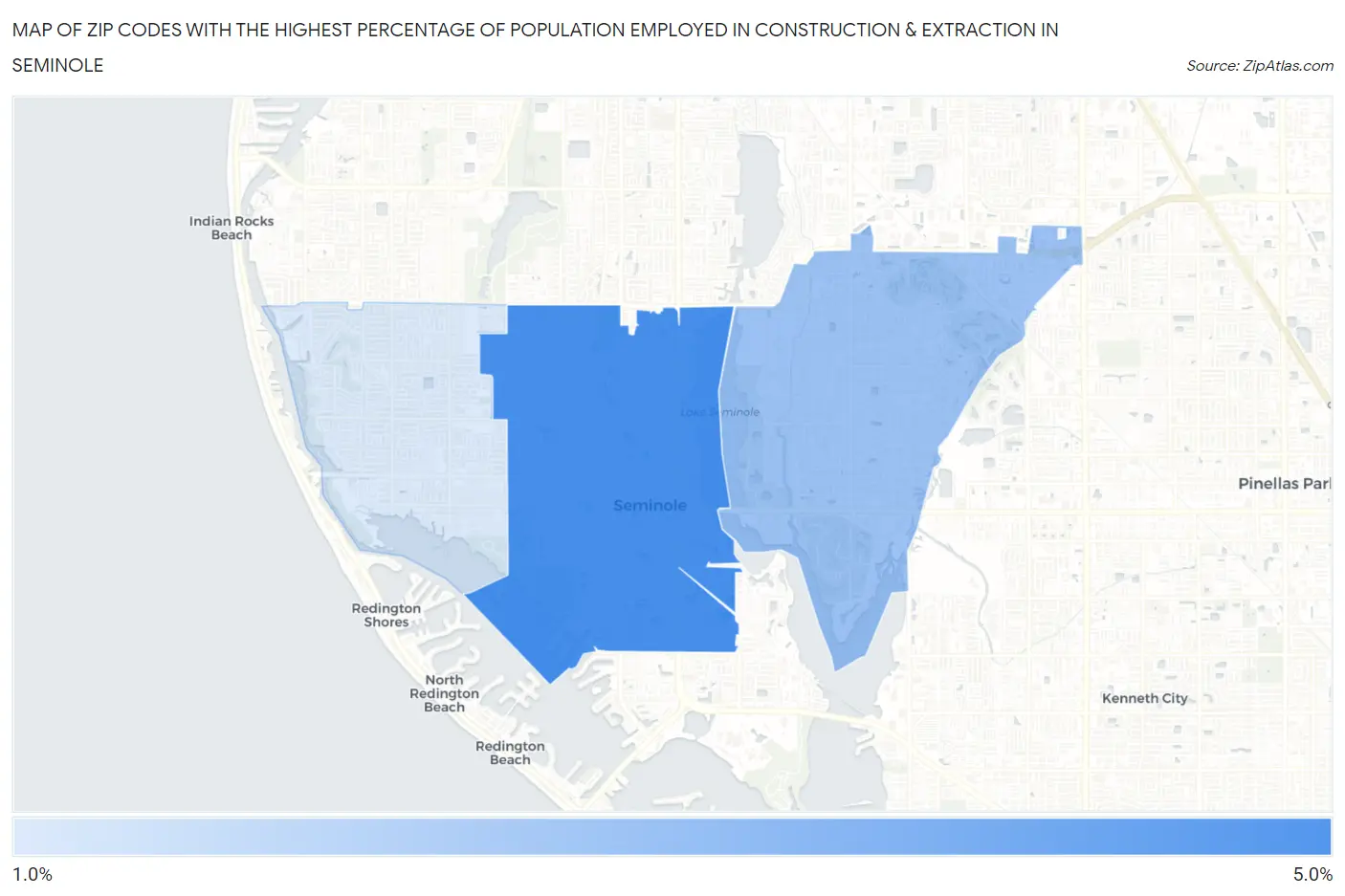 Zip Codes with the Highest Percentage of Population Employed in Construction & Extraction in Seminole Map