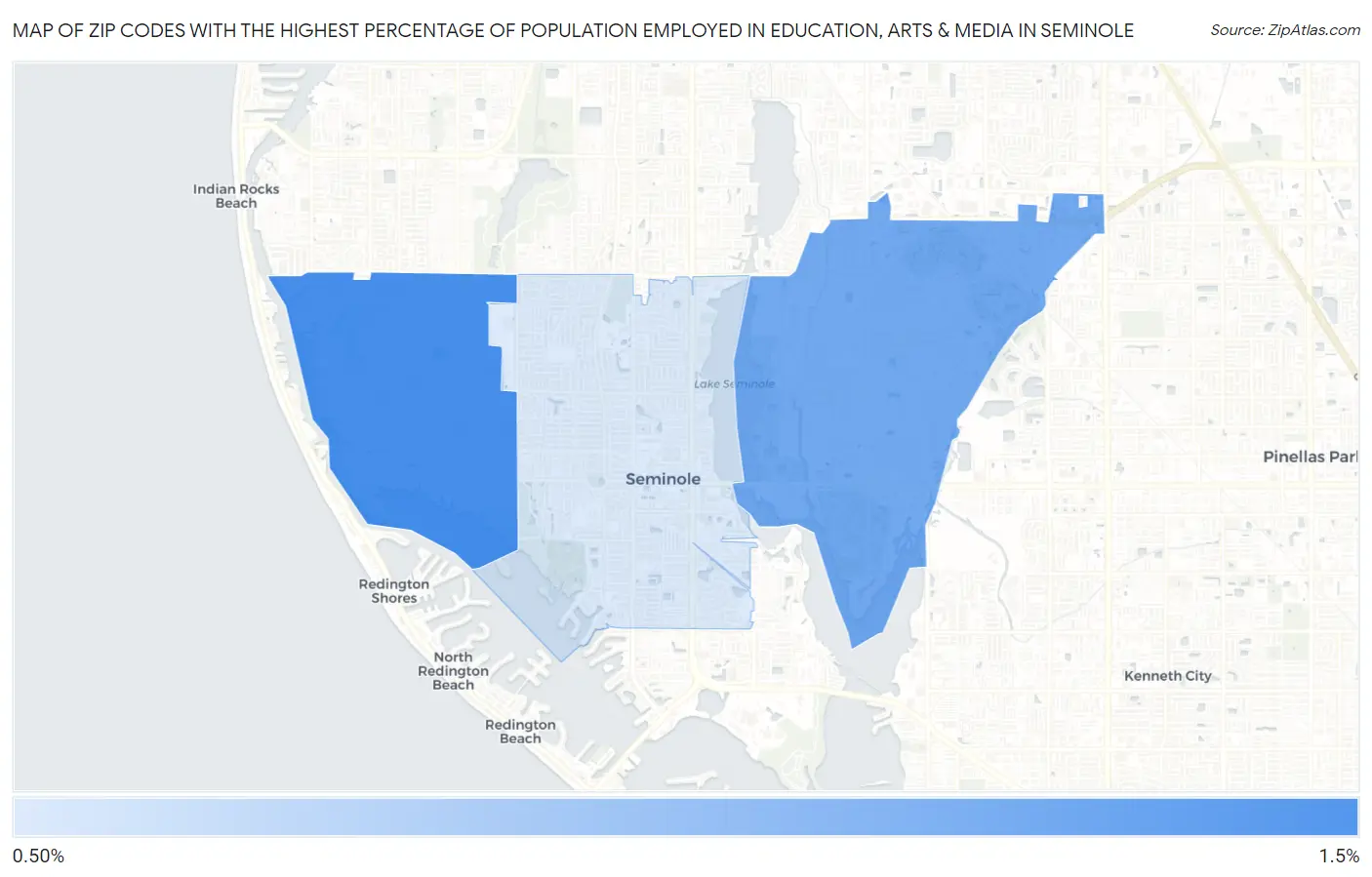 Zip Codes with the Highest Percentage of Population Employed in Education, Arts & Media in Seminole Map