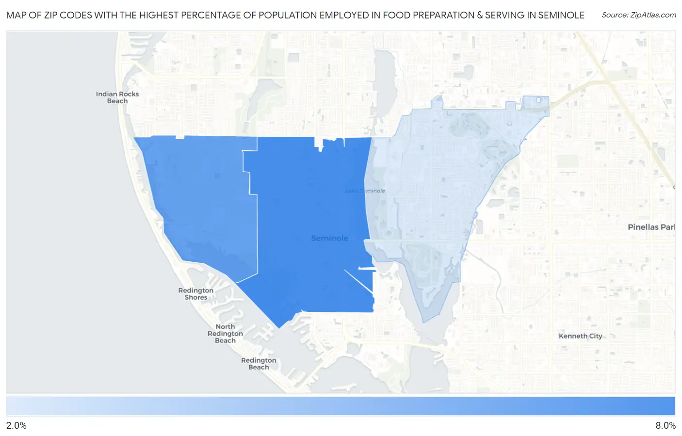 Zip Codes with the Highest Percentage of Population Employed in Food Preparation & Serving in Seminole Map