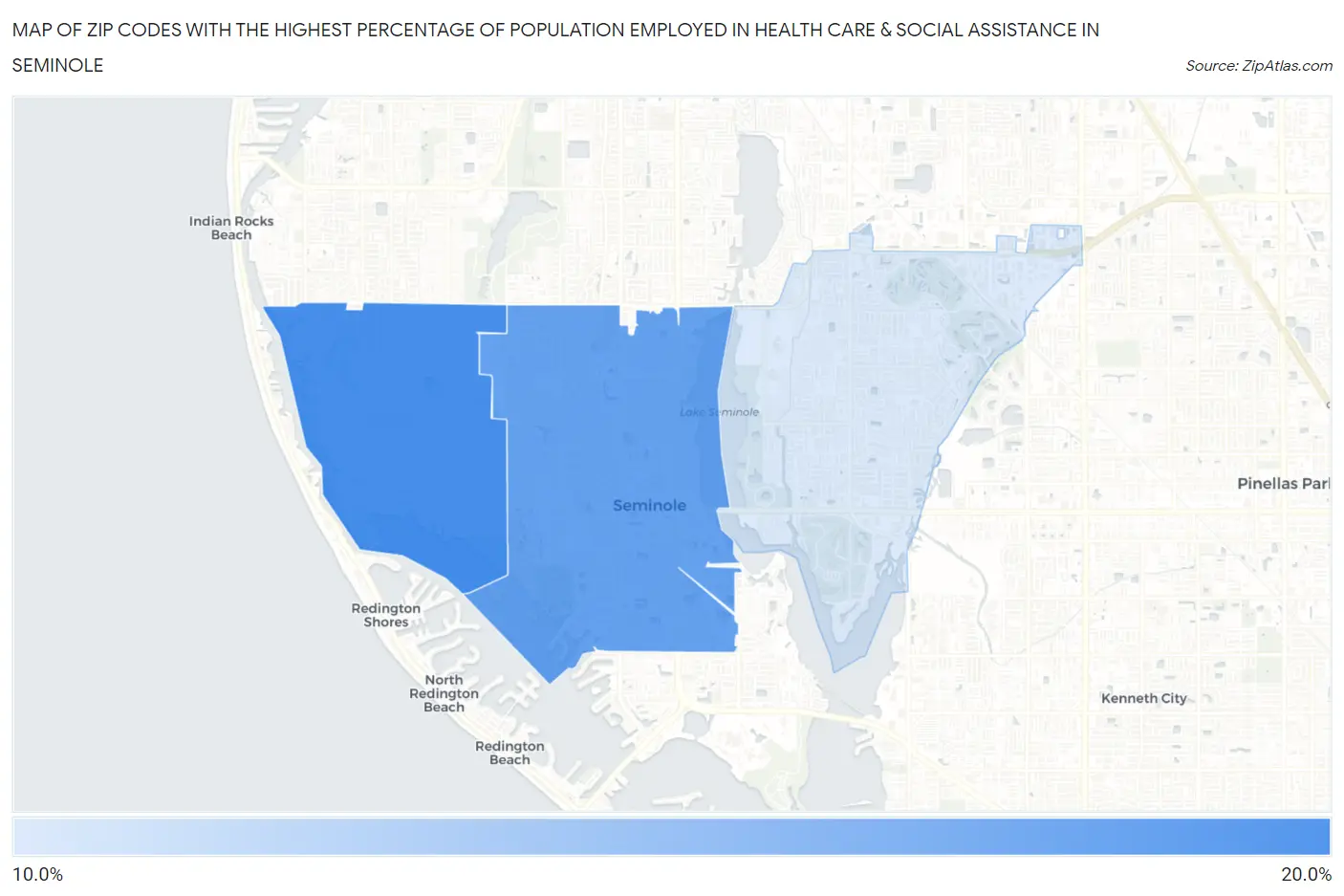 Zip Codes with the Highest Percentage of Population Employed in Health Care & Social Assistance in Seminole Map