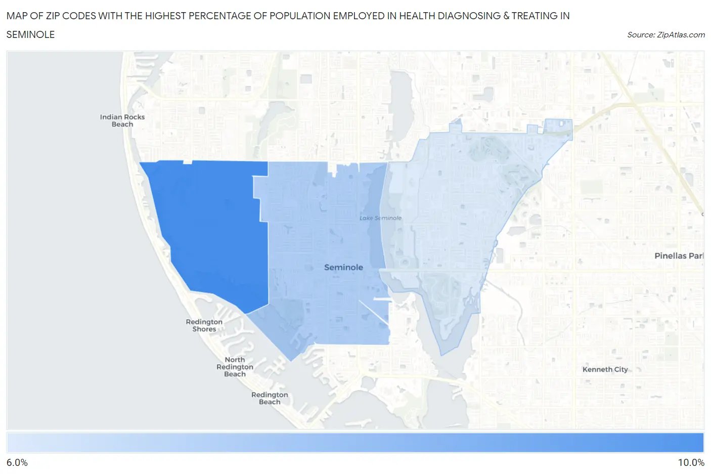 Zip Codes with the Highest Percentage of Population Employed in Health Diagnosing & Treating in Seminole Map