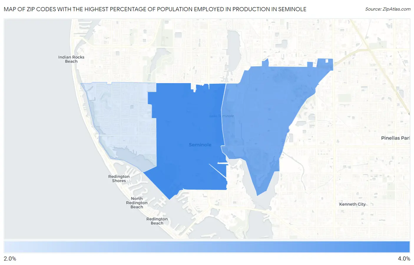 Zip Codes with the Highest Percentage of Population Employed in Production in Seminole Map