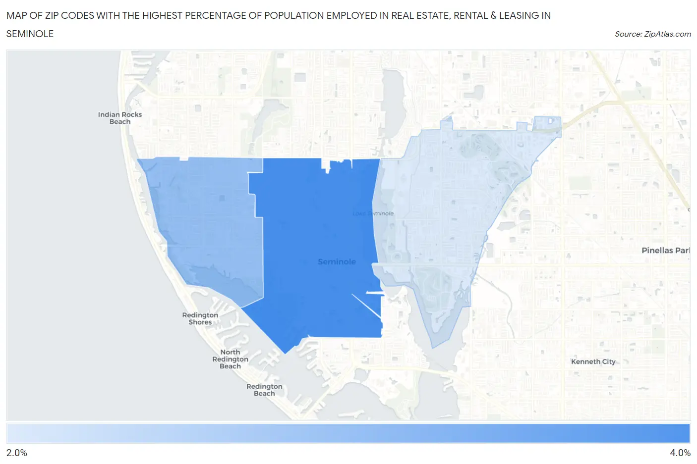 Zip Codes with the Highest Percentage of Population Employed in Real Estate, Rental & Leasing in Seminole Map