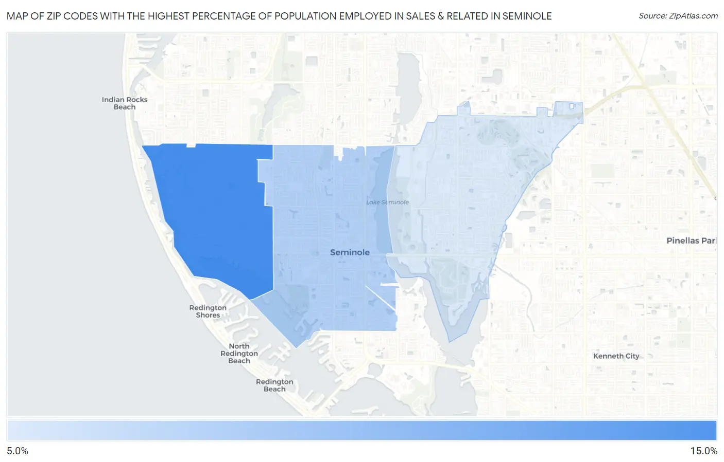 Zip Codes with the Highest Percentage of Population Employed in Sales & Related in Seminole Map
