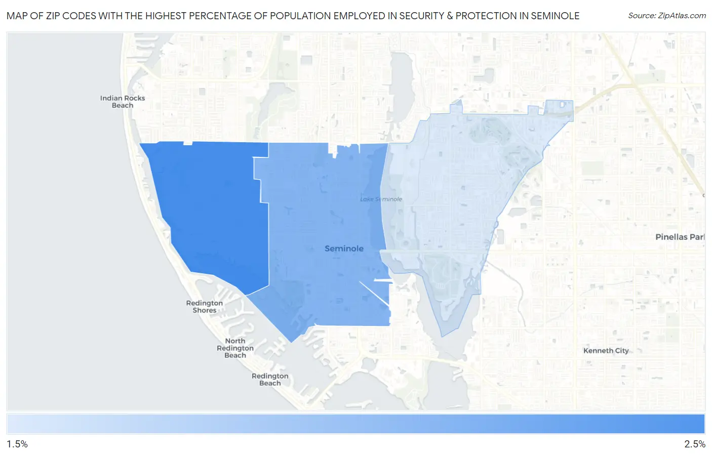 Zip Codes with the Highest Percentage of Population Employed in Security & Protection in Seminole Map
