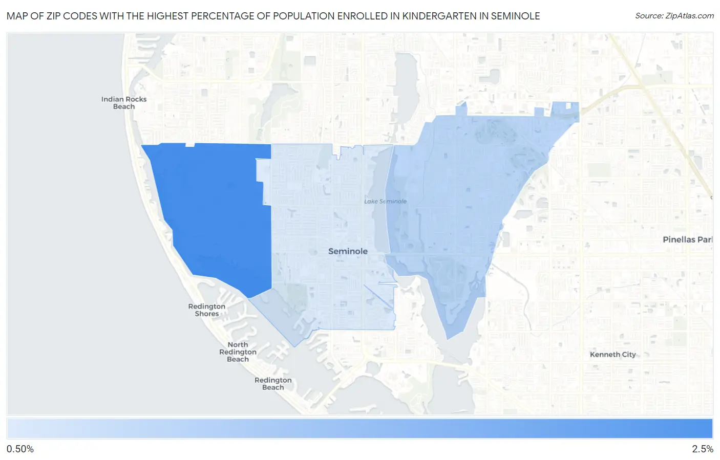 Zip Codes with the Highest Percentage of Population Enrolled in Kindergarten in Seminole Map