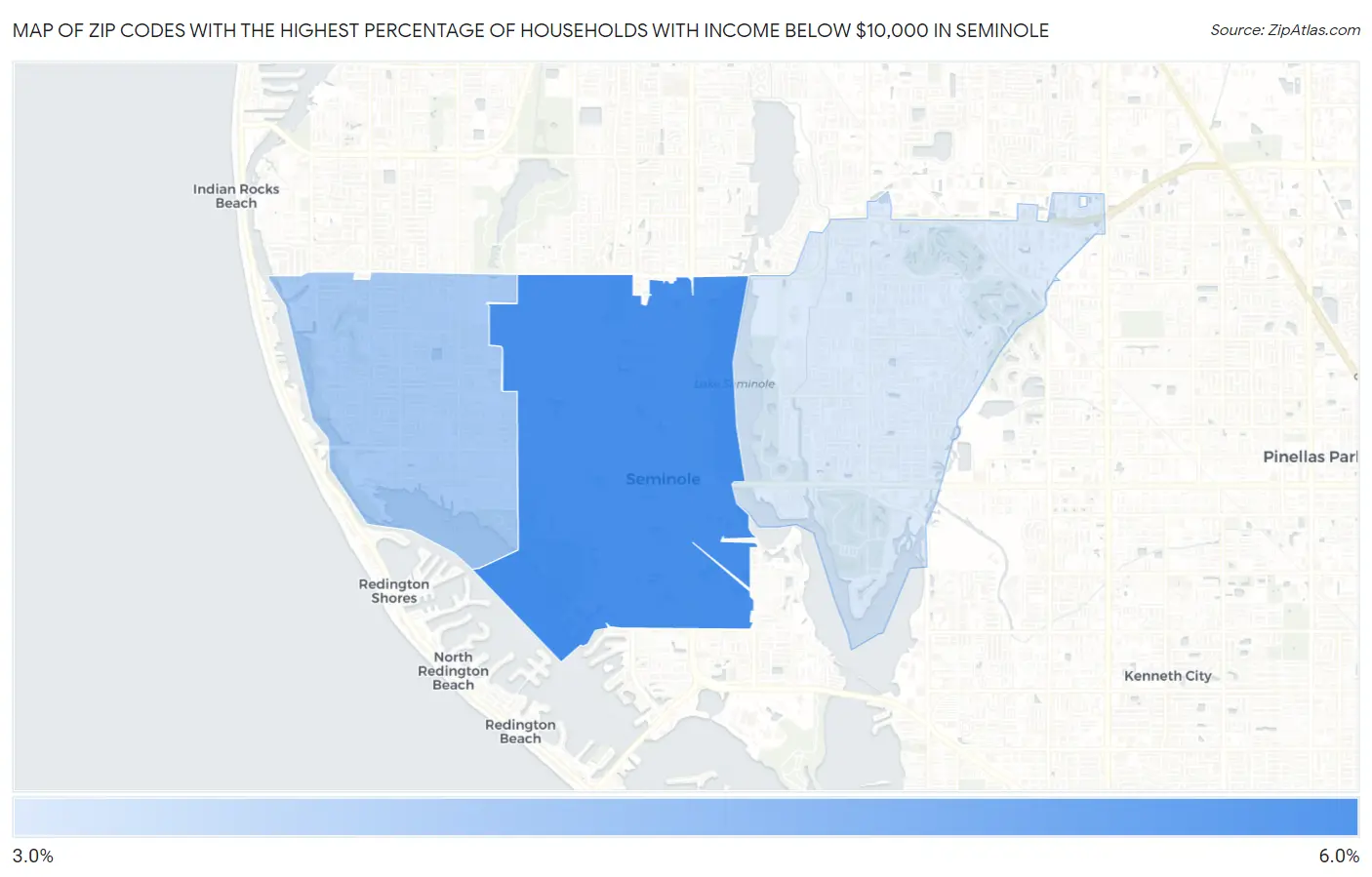 Zip Codes with the Highest Percentage of Households with Income Below $10,000 in Seminole Map