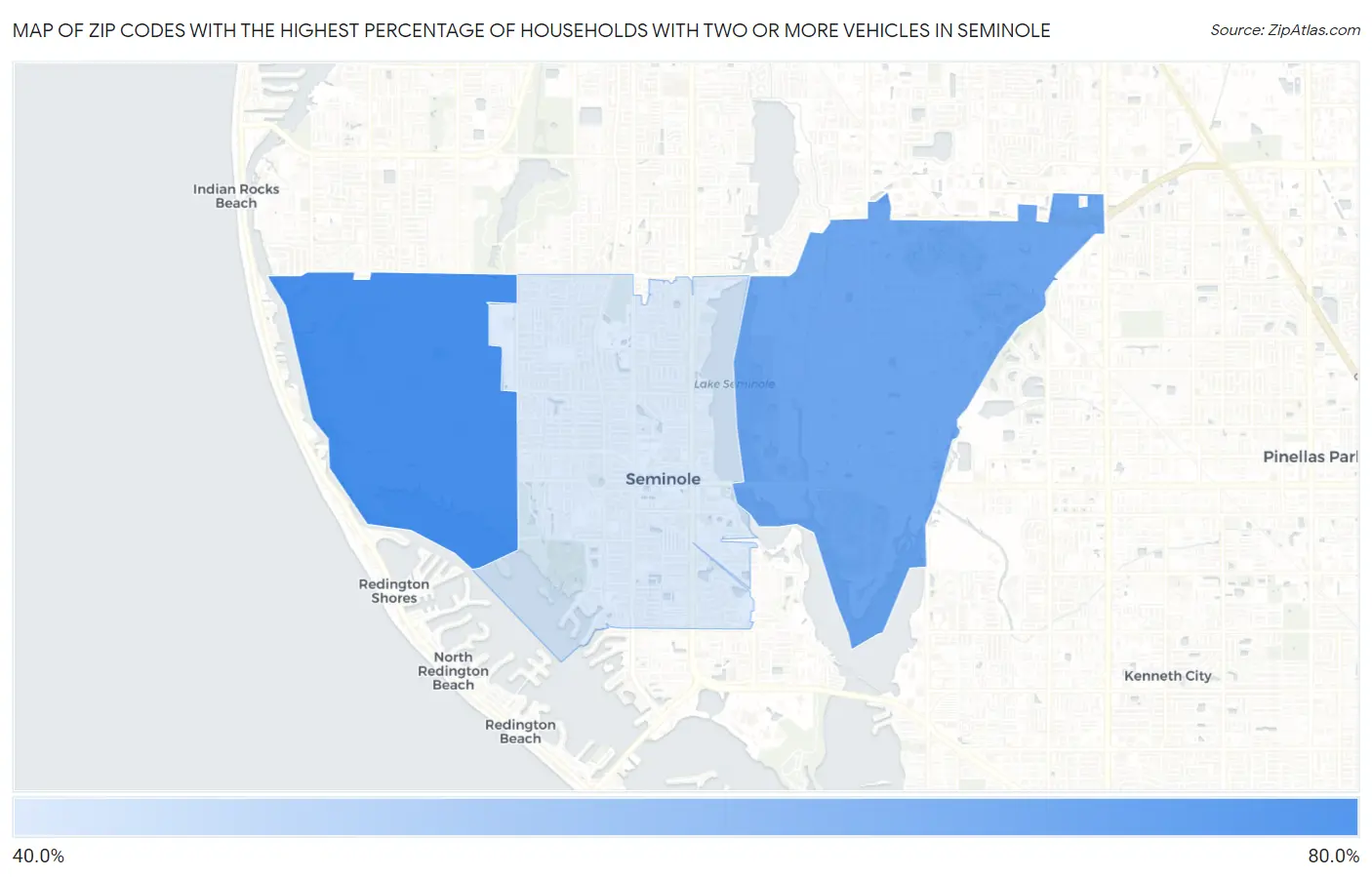 Zip Codes with the Highest Percentage of Households With Two or more Vehicles in Seminole Map