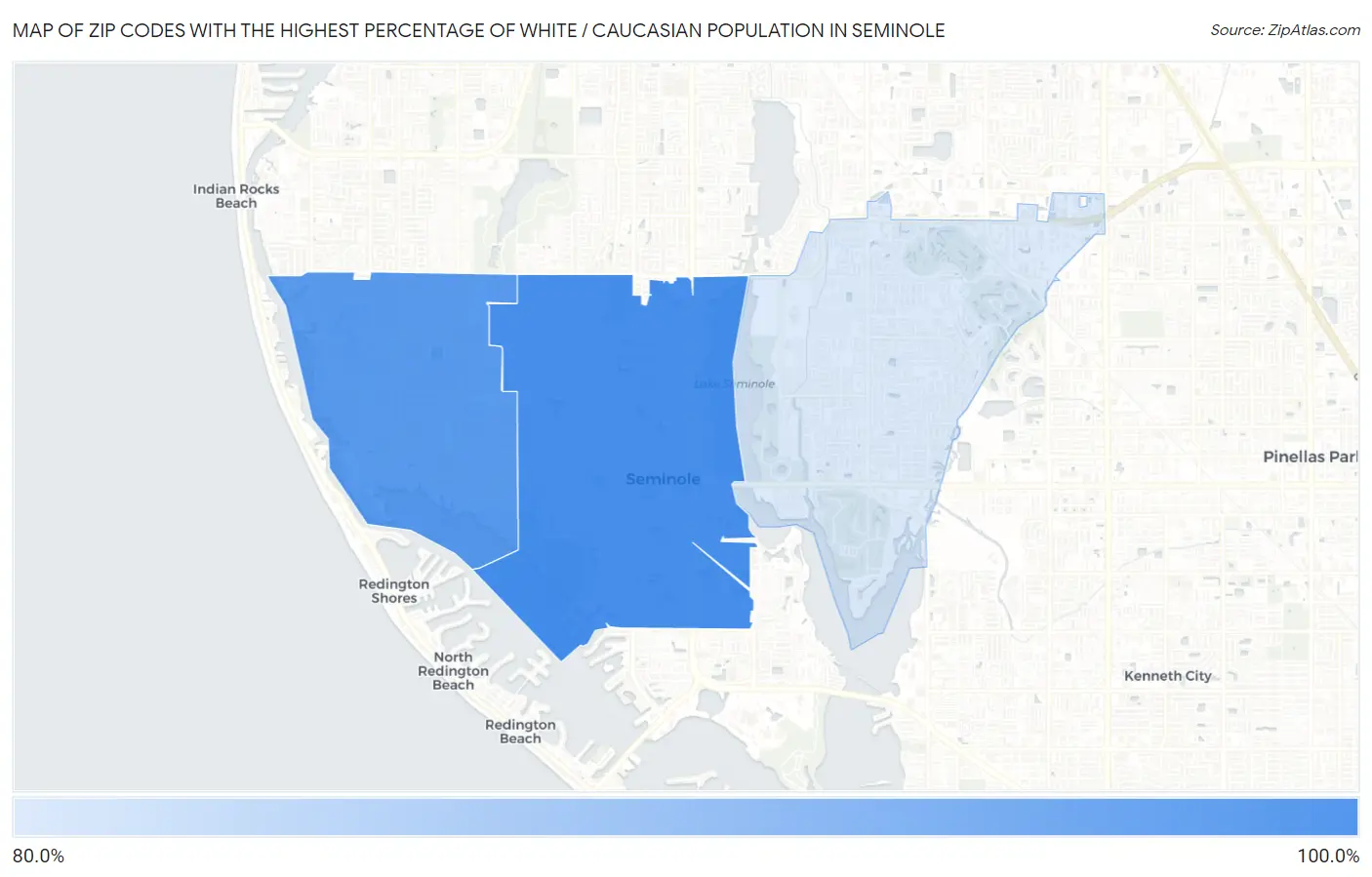 Zip Codes with the Highest Percentage of White / Caucasian Population in Seminole Map