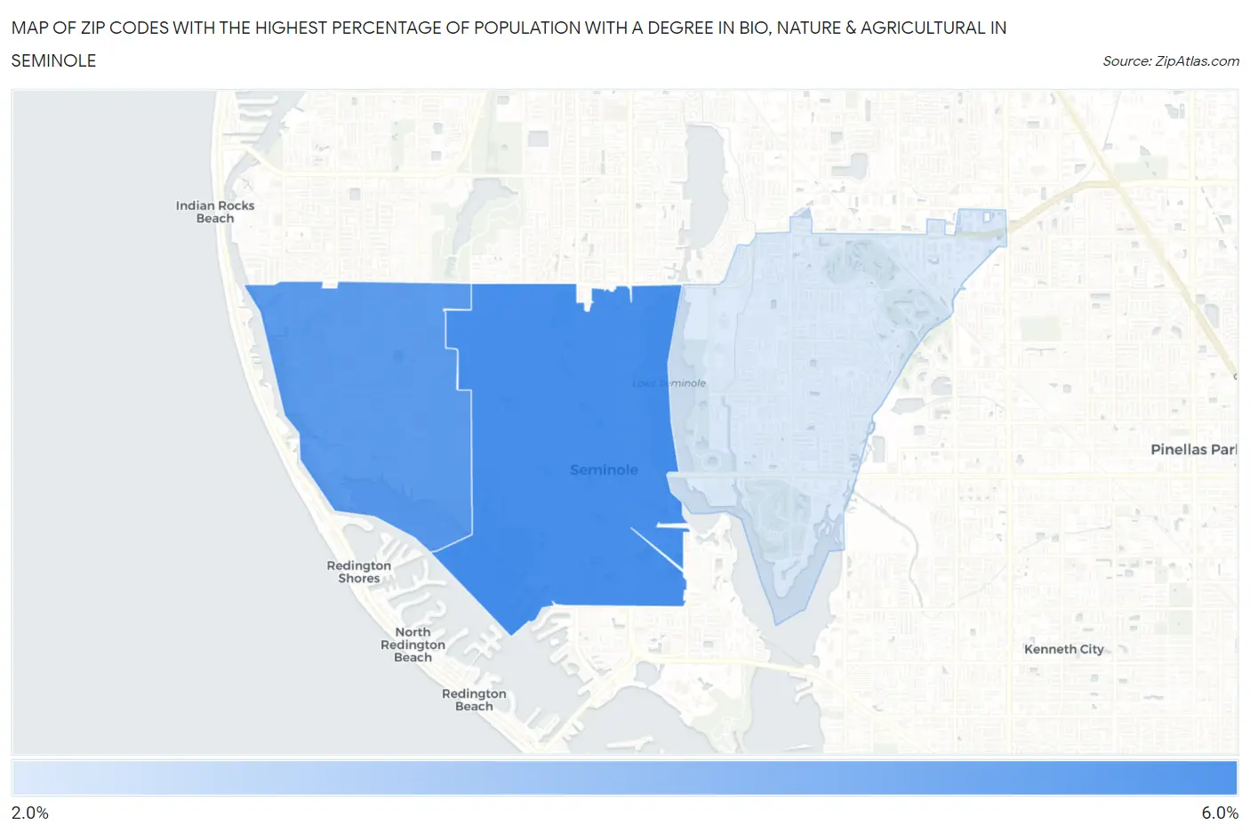 Zip Codes with the Highest Percentage of Population with a Degree in Bio, Nature & Agricultural in Seminole Map