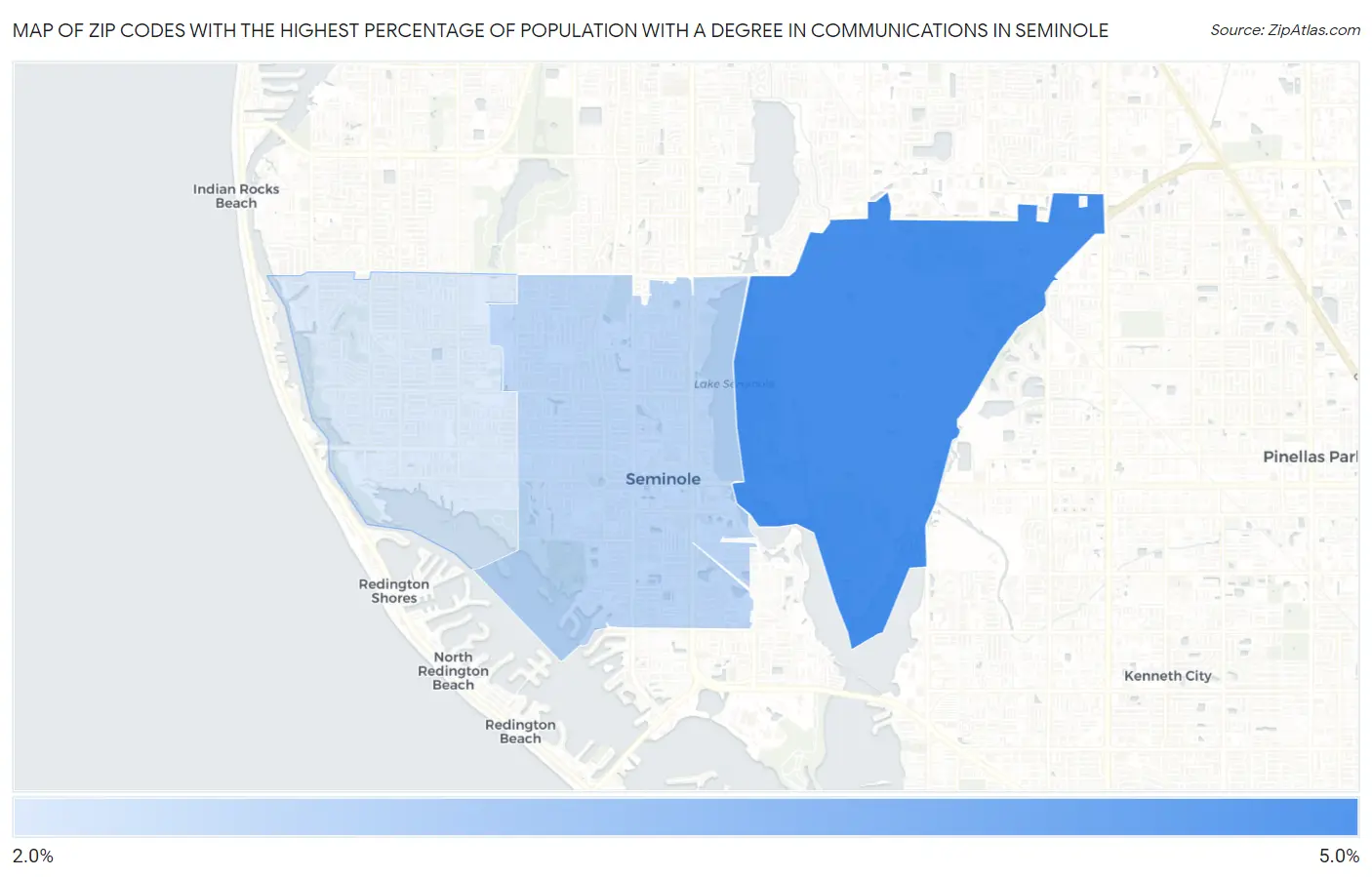 Zip Codes with the Highest Percentage of Population with a Degree in Communications in Seminole Map