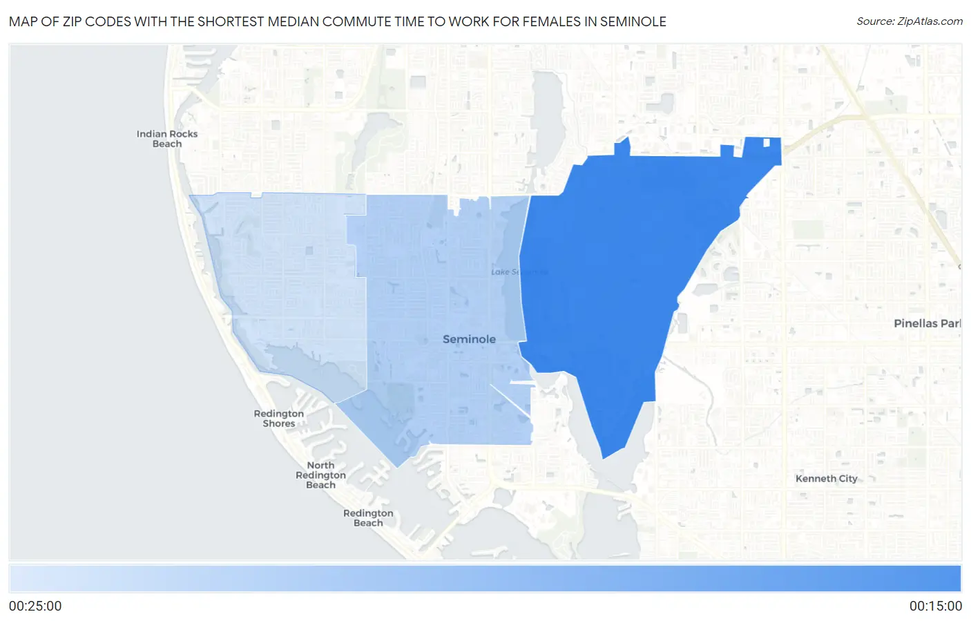 Zip Codes with the Shortest Median Commute Time to Work for Females in Seminole Map