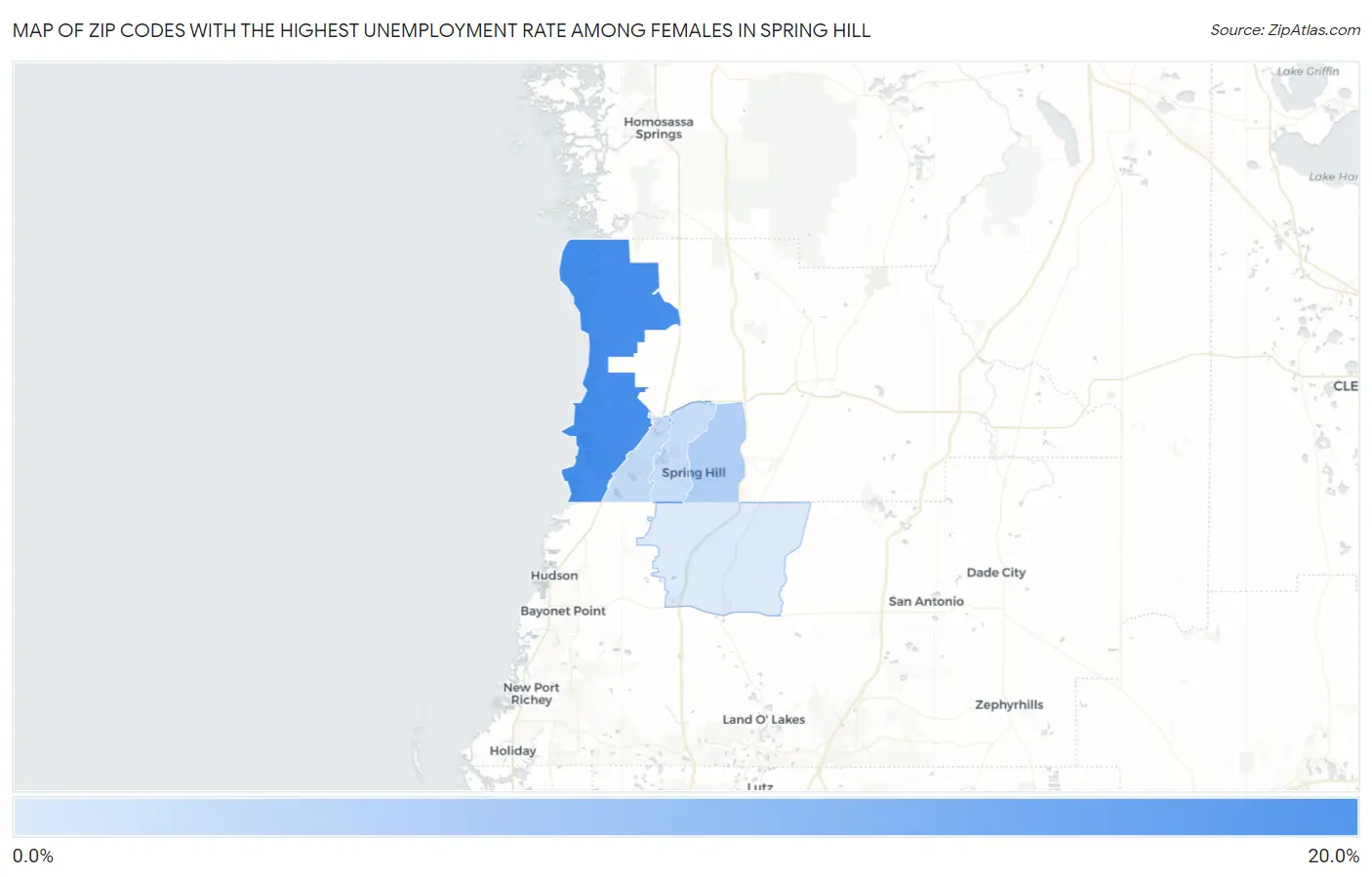 Zip Codes with the Highest Unemployment Rate Among Females in Spring Hill Map