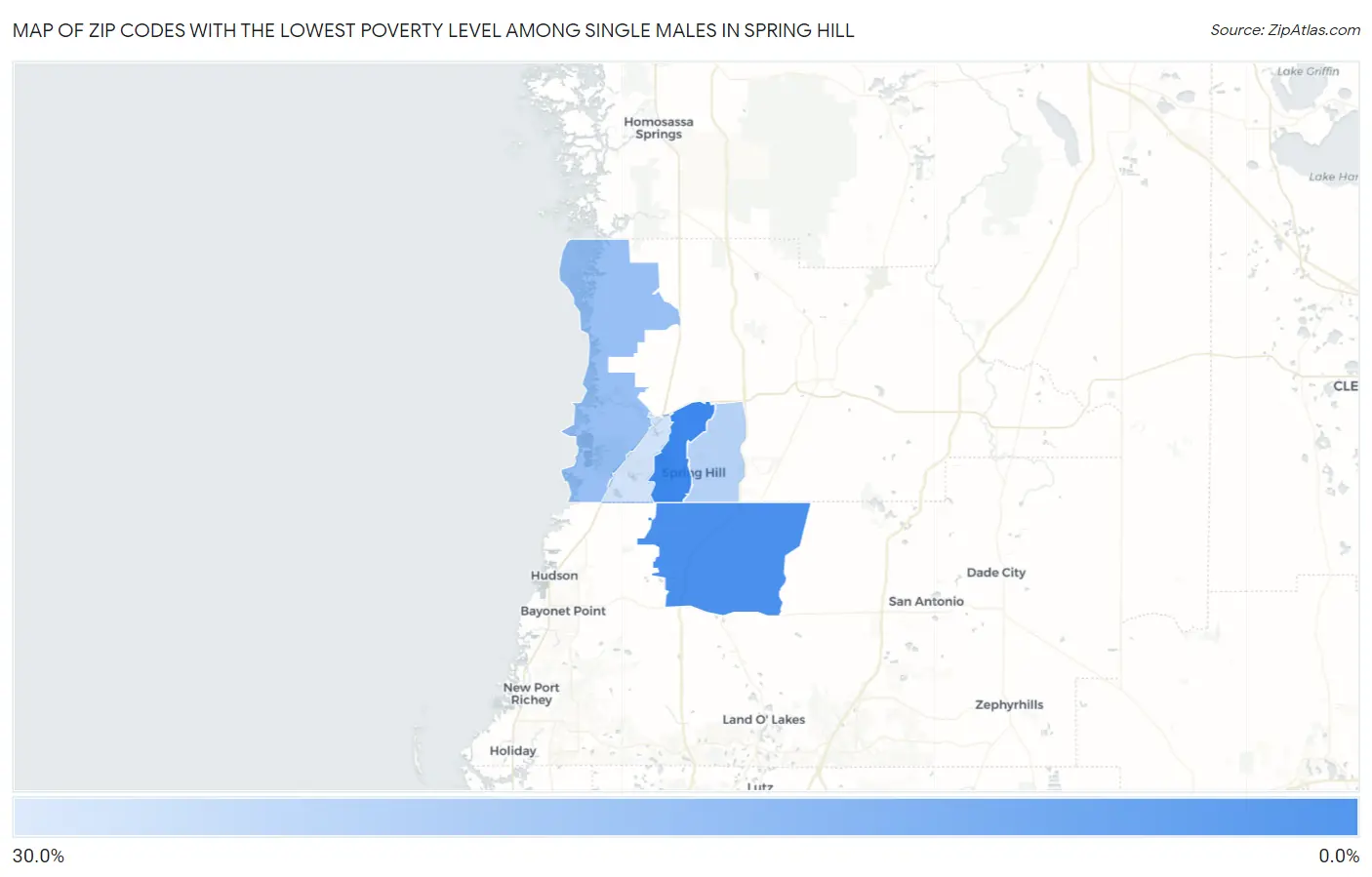 Zip Codes with the Lowest Poverty Level Among Single Males in Spring Hill Map