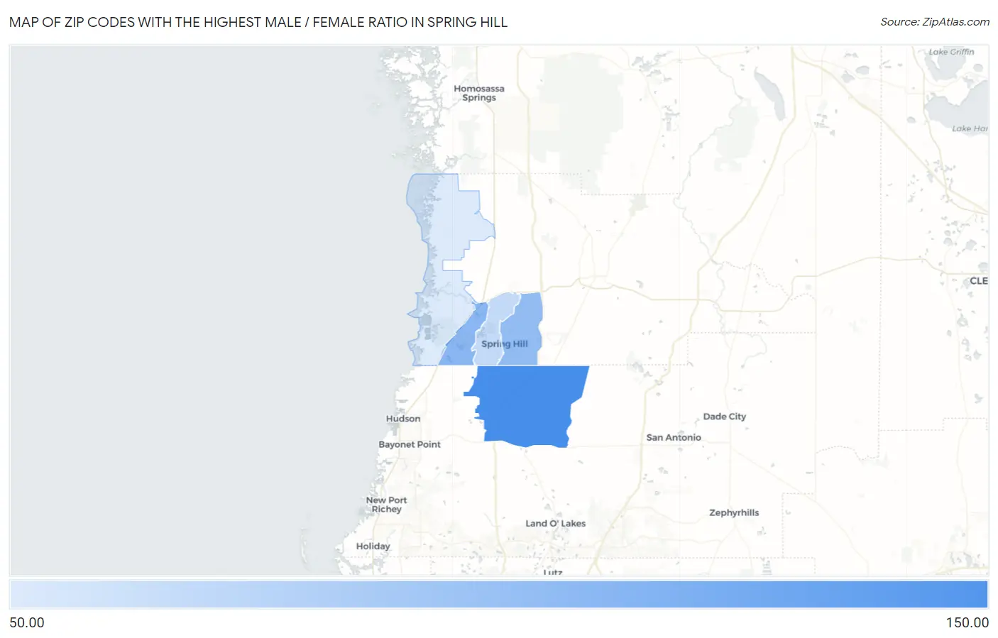 Zip Codes with the Highest Male / Female Ratio in Spring Hill Map