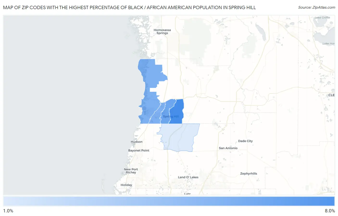 Zip Codes with the Highest Percentage of Black / African American Population in Spring Hill Map