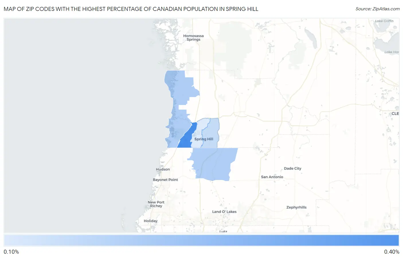 Zip Codes with the Highest Percentage of Canadian Population in Spring Hill Map
