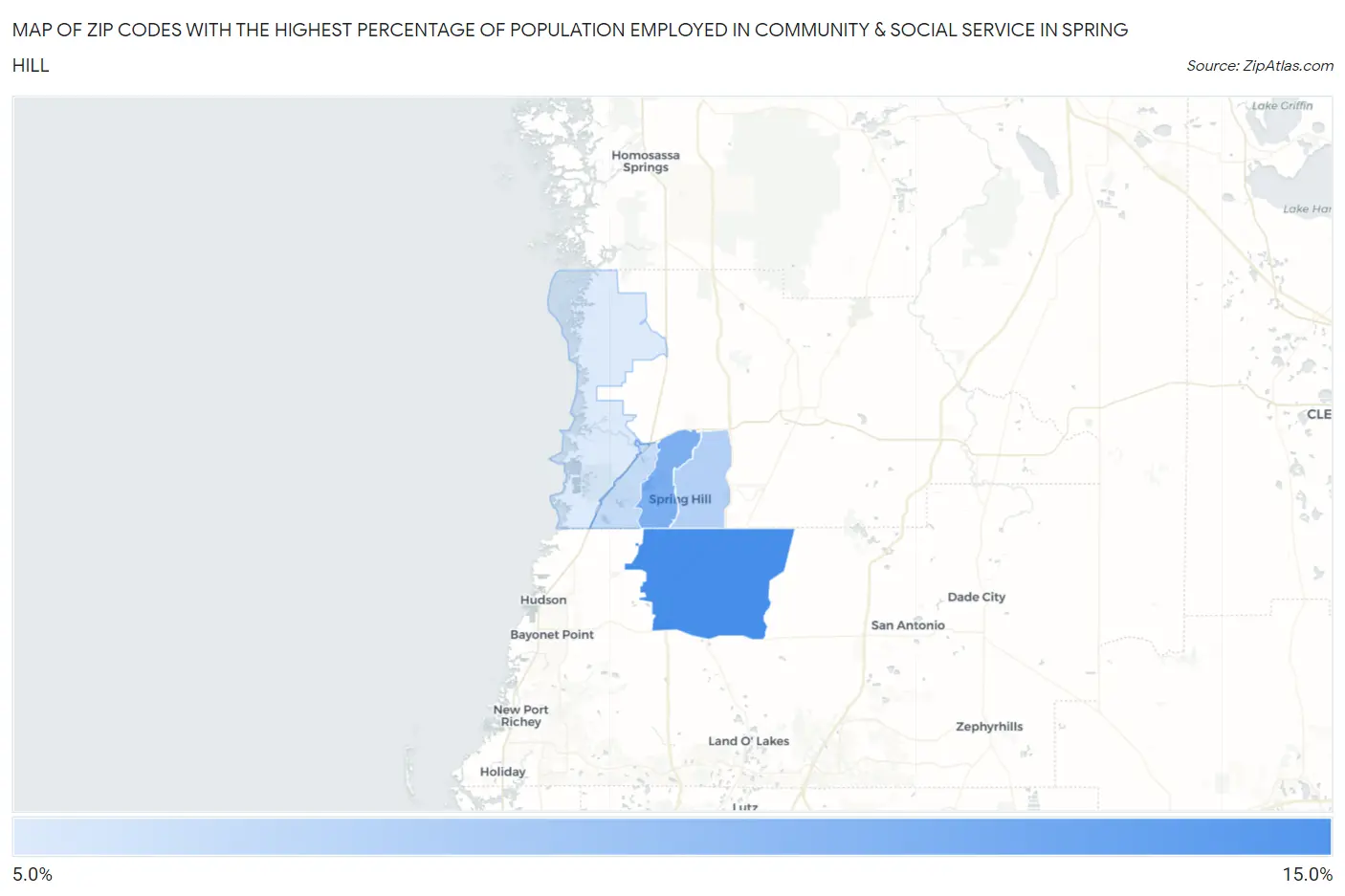 Zip Codes with the Highest Percentage of Population Employed in Community & Social Service  in Spring Hill Map