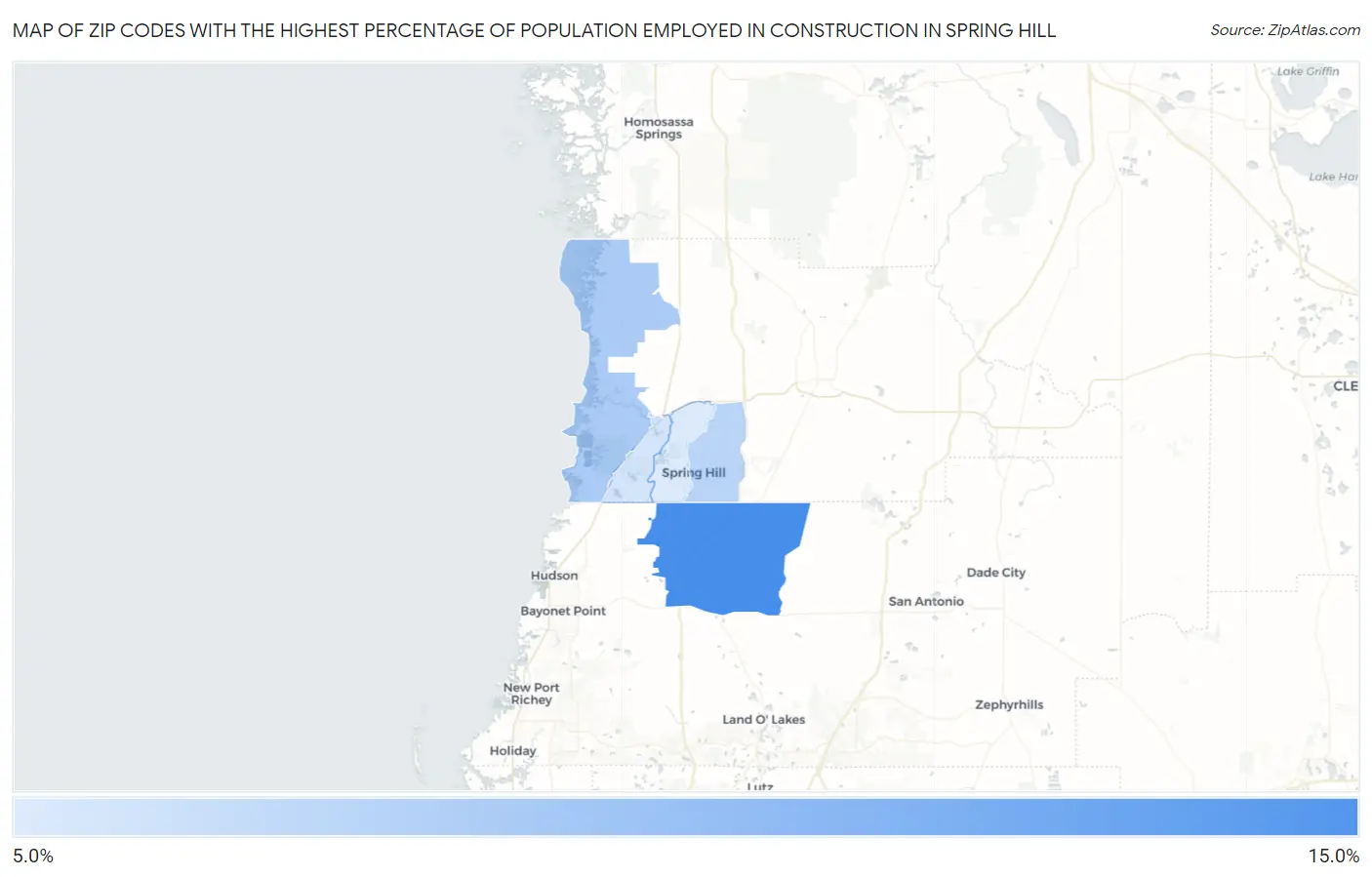 Zip Codes with the Highest Percentage of Population Employed in Construction in Spring Hill Map