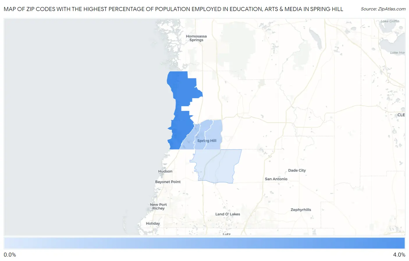 Zip Codes with the Highest Percentage of Population Employed in Education, Arts & Media in Spring Hill Map