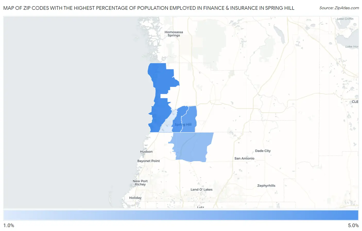 Zip Codes with the Highest Percentage of Population Employed in Finance & Insurance in Spring Hill Map