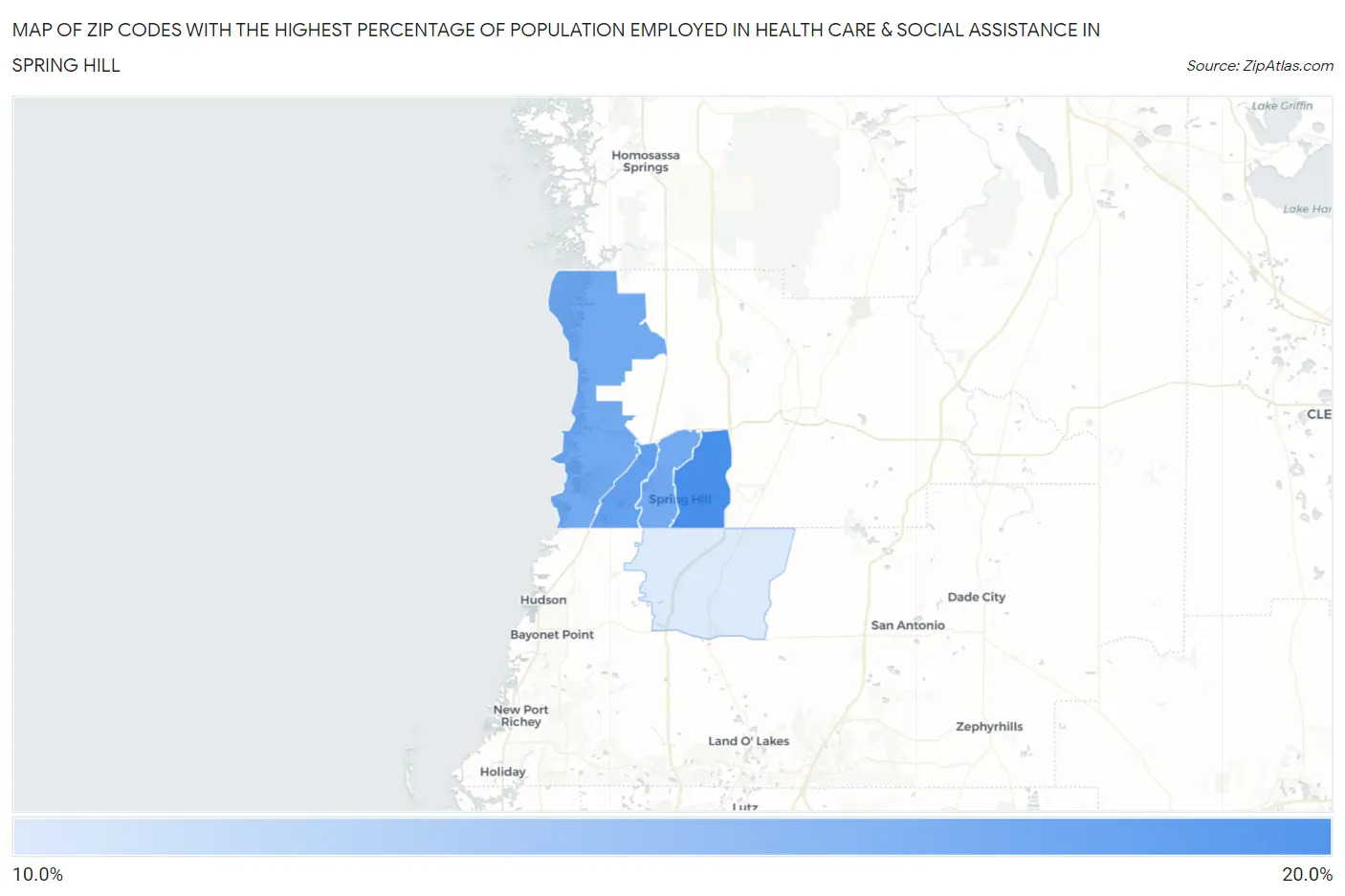 Zip Codes with the Highest Percentage of Population Employed in Health Care & Social Assistance in Spring Hill Map