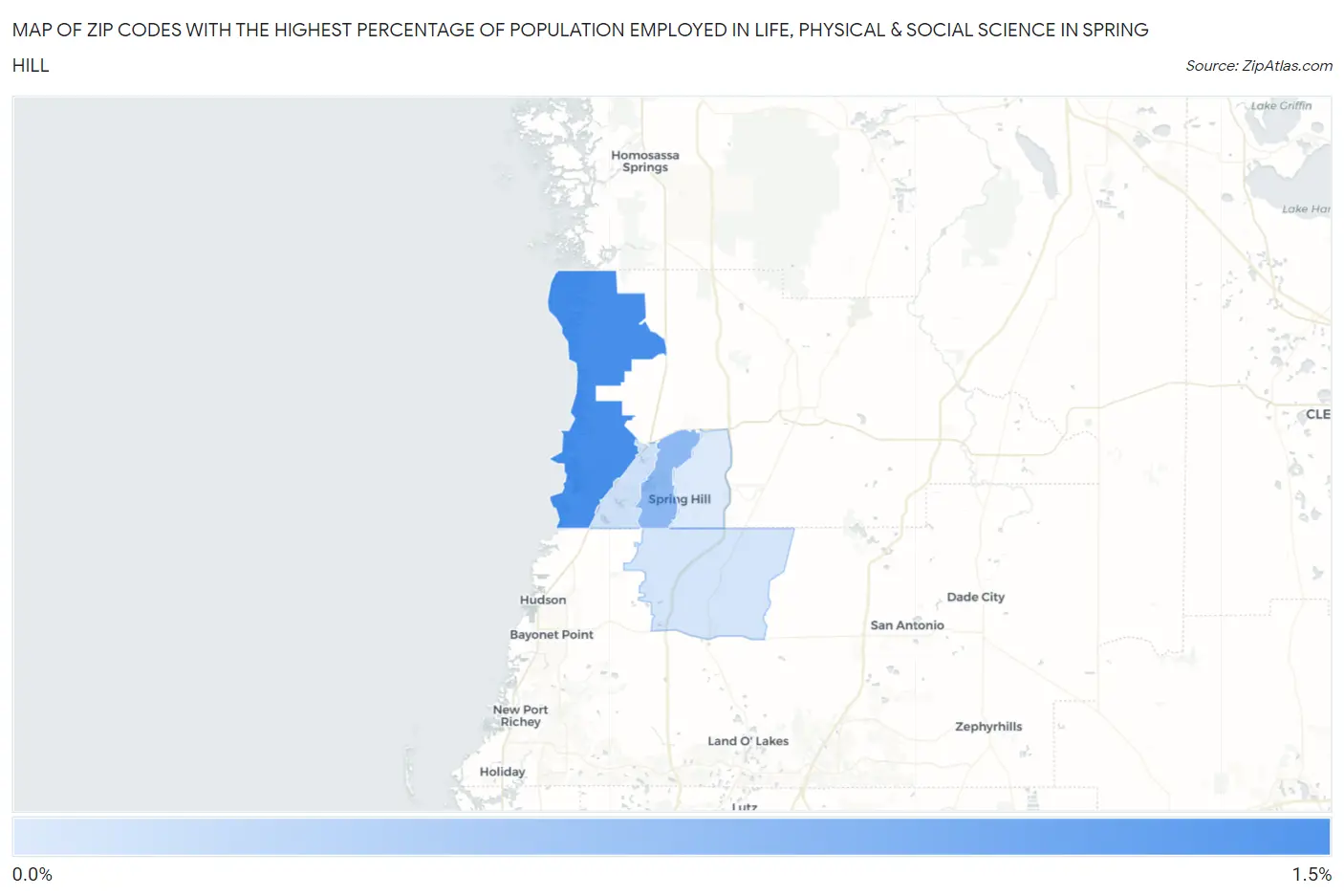 Zip Codes with the Highest Percentage of Population Employed in Life, Physical & Social Science in Spring Hill Map