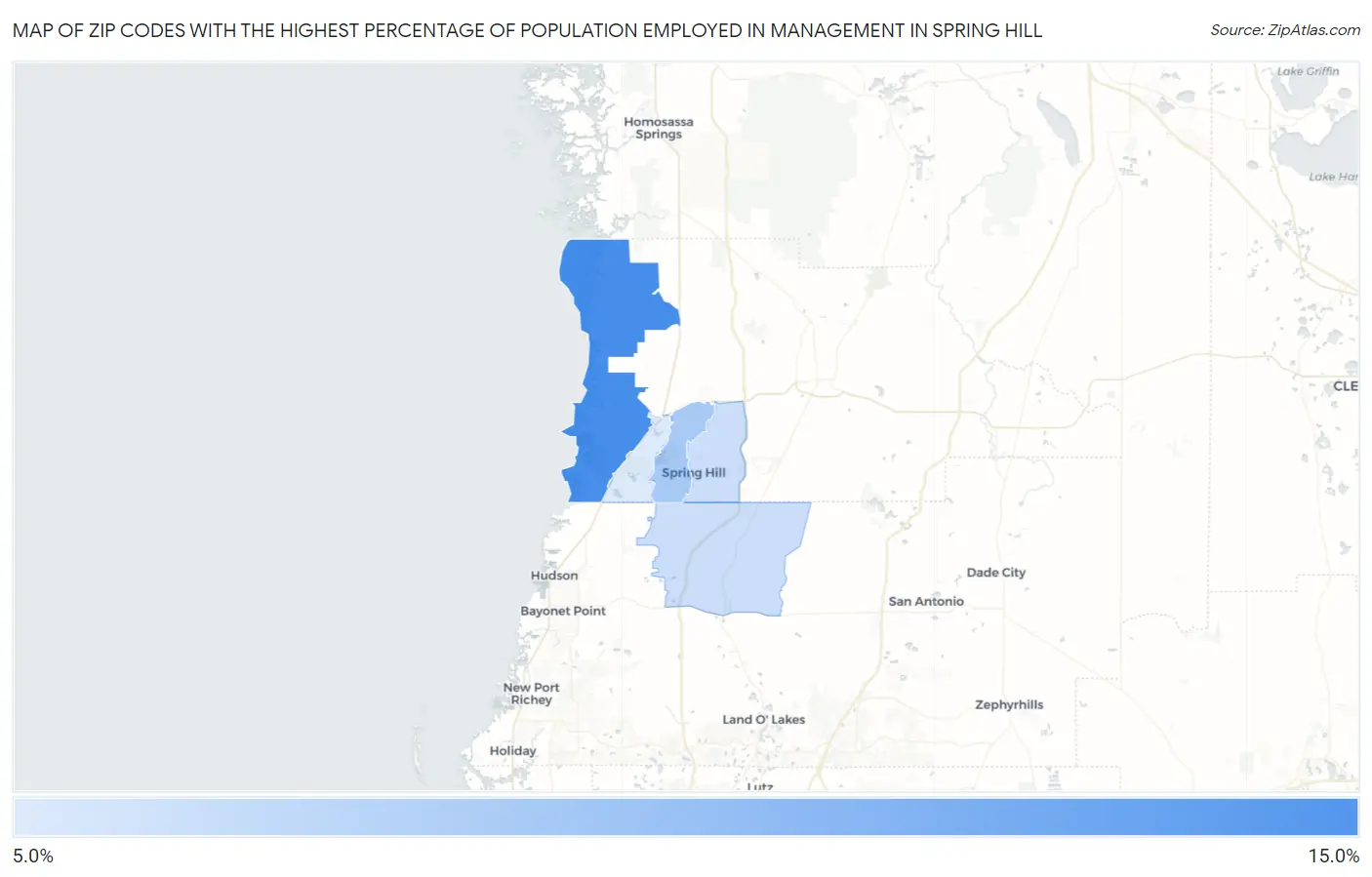 Zip Codes with the Highest Percentage of Population Employed in Management in Spring Hill Map