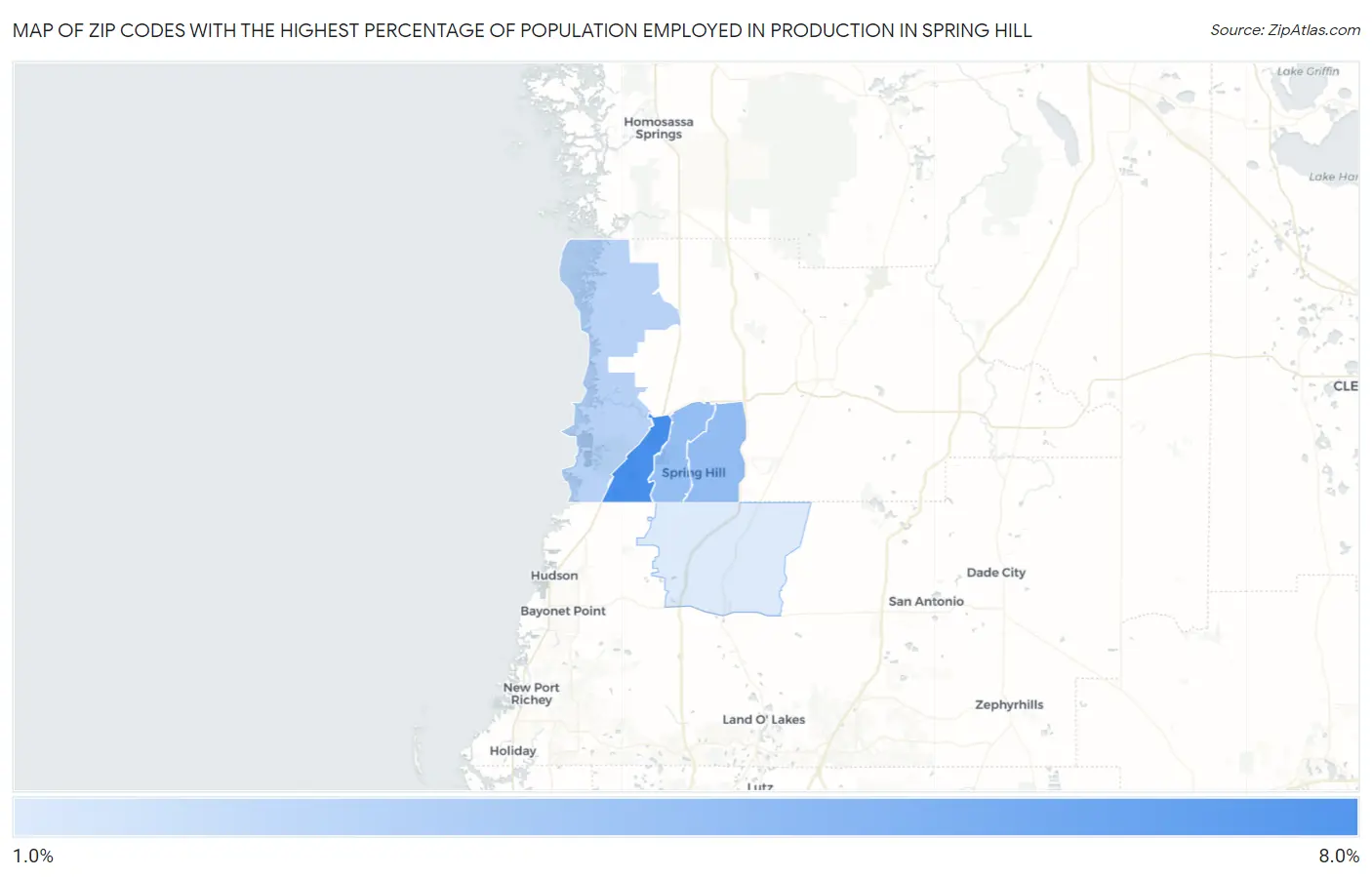 Zip Codes with the Highest Percentage of Population Employed in Production in Spring Hill Map