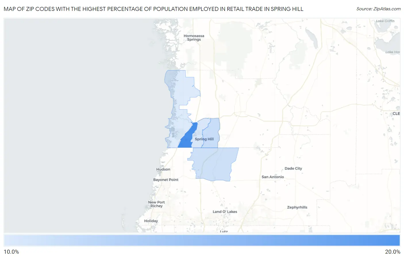 Zip Codes with the Highest Percentage of Population Employed in Retail Trade in Spring Hill Map