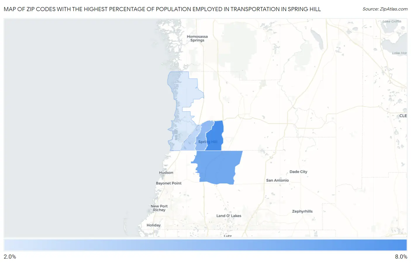 Zip Codes with the Highest Percentage of Population Employed in Transportation in Spring Hill Map