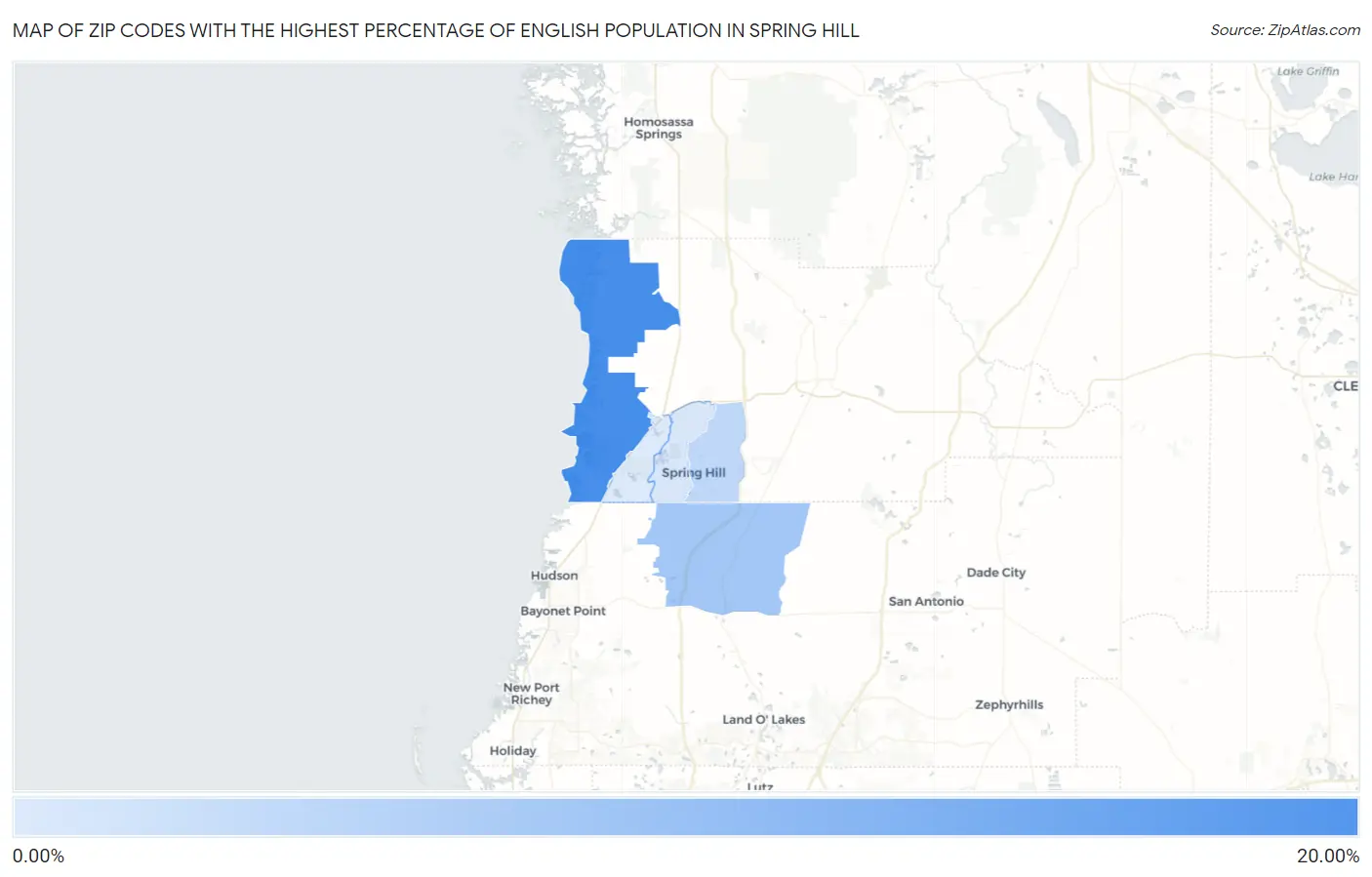 Zip Codes with the Highest Percentage of English Population in Spring Hill Map