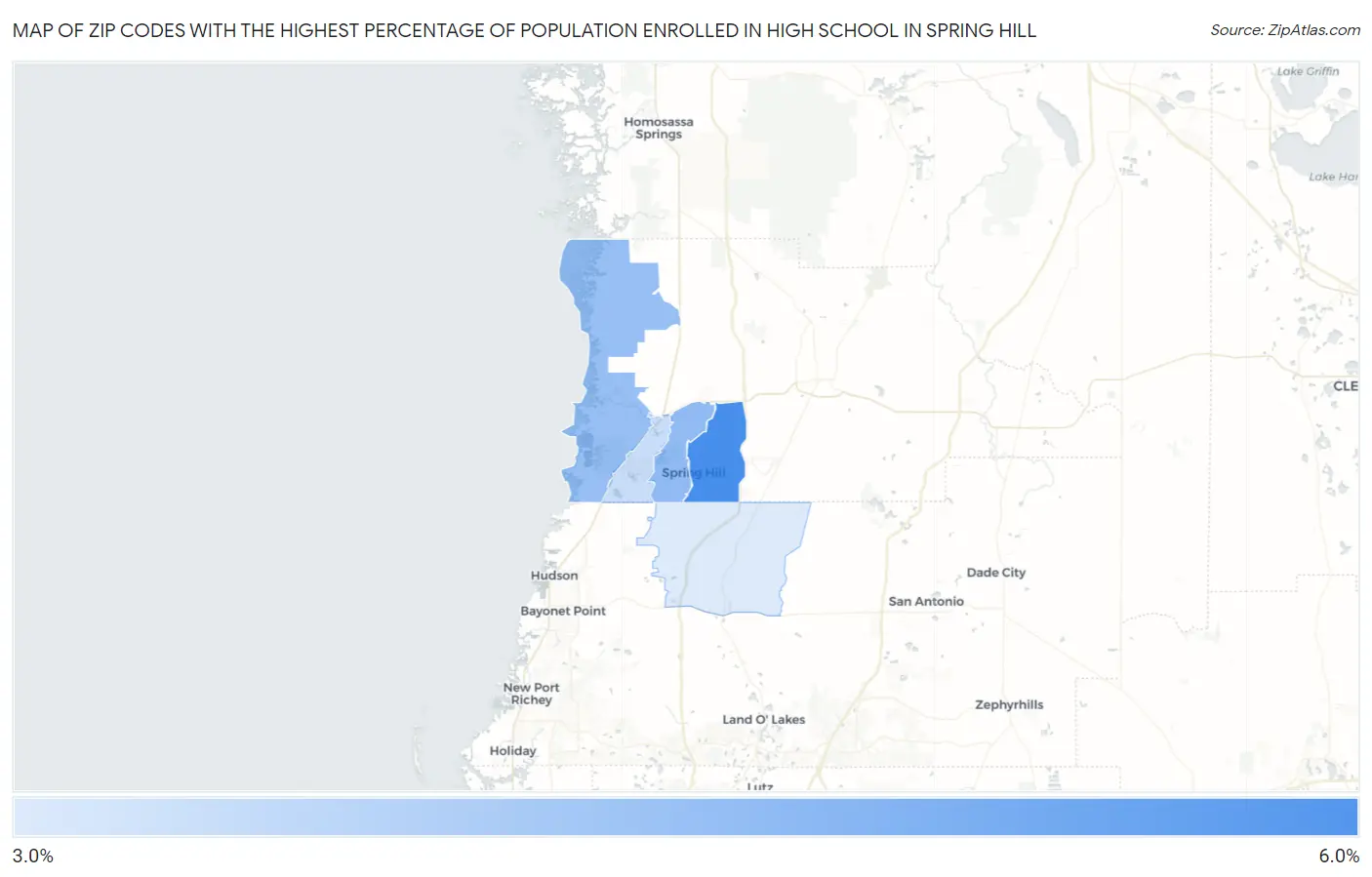 Zip Codes with the Highest Percentage of Population Enrolled in High School in Spring Hill Map