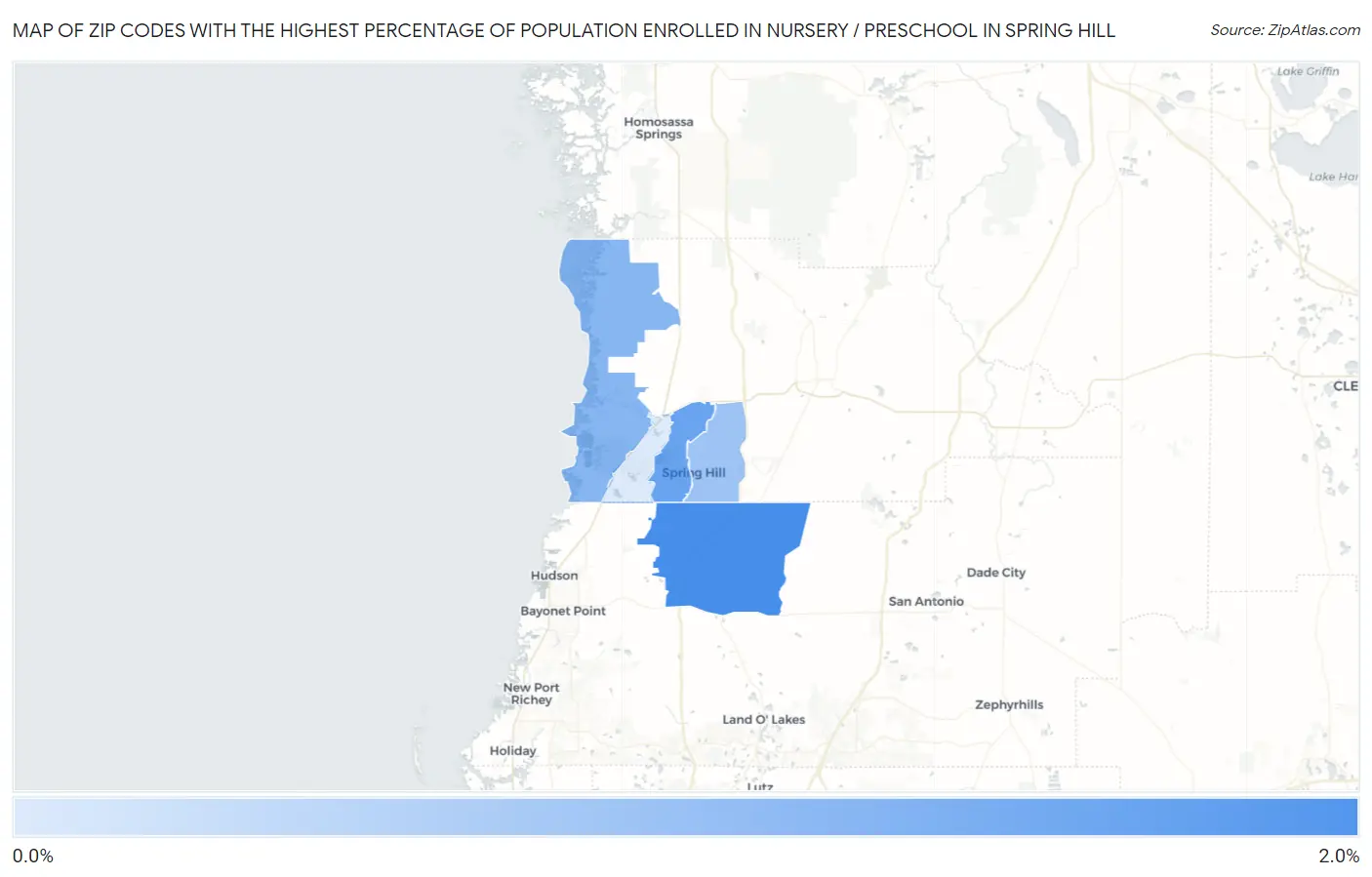Zip Codes with the Highest Percentage of Population Enrolled in Nursery / Preschool in Spring Hill Map