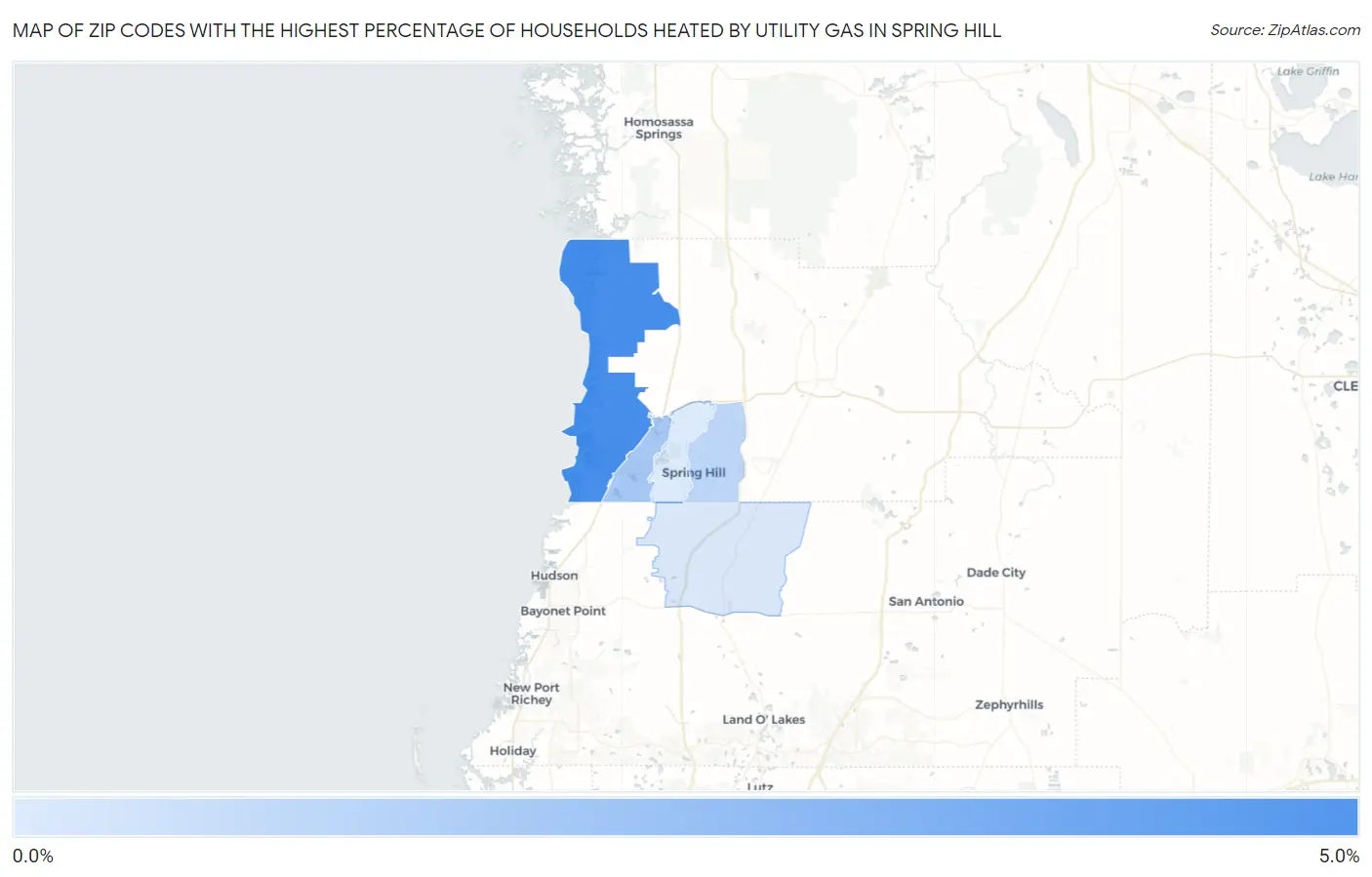 Zip Codes with the Highest Percentage of Households Heated by Utility Gas in Spring Hill Map