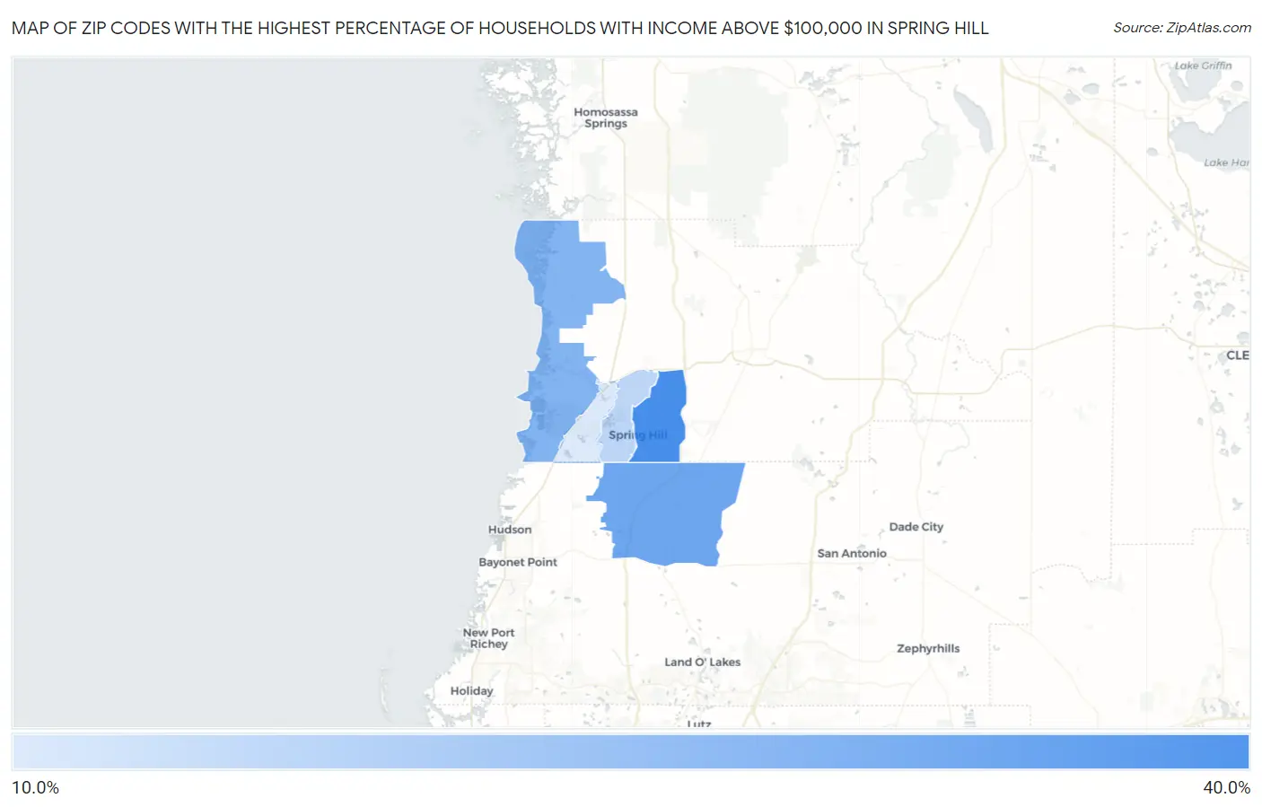 Zip Codes with the Highest Percentage of Households with Income Above $100,000 in Spring Hill Map